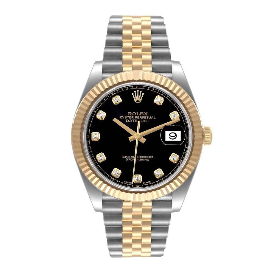 Rolex Datejust 41 Steel Yellow Gold Black Diamond Dial Watch 126333 Box Card. Officially certified chronometer self-winding movement. Stainless steel and 18K yellow gold case 41.0 mm in diameter. Rolex logo on a crown. 18K yellow gold fluted bezel.