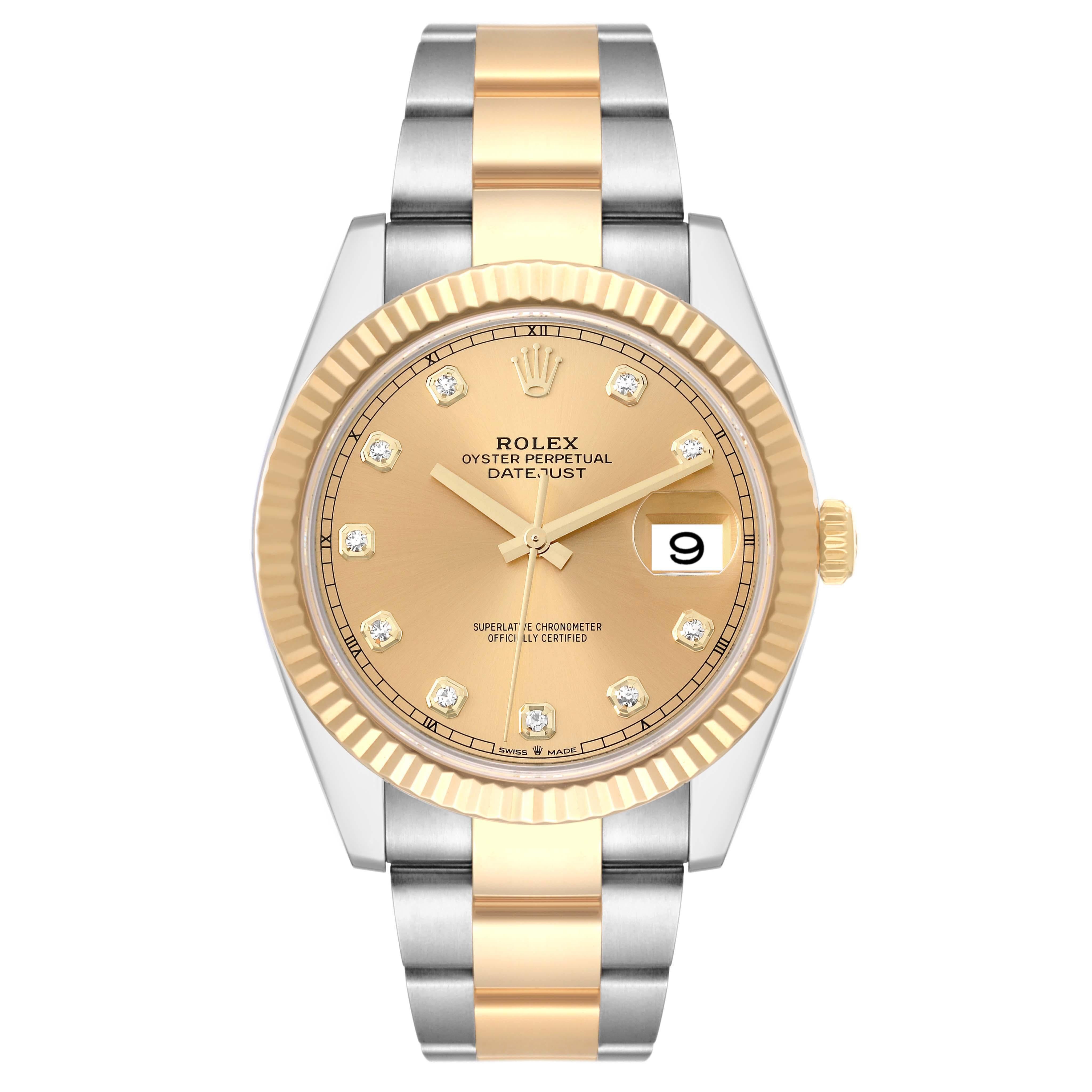 Rolex Datejust 41 Steel Yellow Gold Black Diamond Dial Watch 126333 Box Card. Officially certified chronometer self-winding movement. Stainless steel and 18K yellow gold case 41.0 mm in diameter. Rolex logo on a crown. 18K yellow gold fluted bezel.