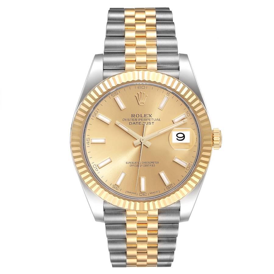 Rolex Datejust 41 Steel Yellow Gold Champagne Dial Mens Watch 126333 Box Card. Officially certified chronometer self-winding movement with quickset date. Stainless steel and 18K yellow gold case 41 mm in diameter. High polished lugs. Rolex logo on a