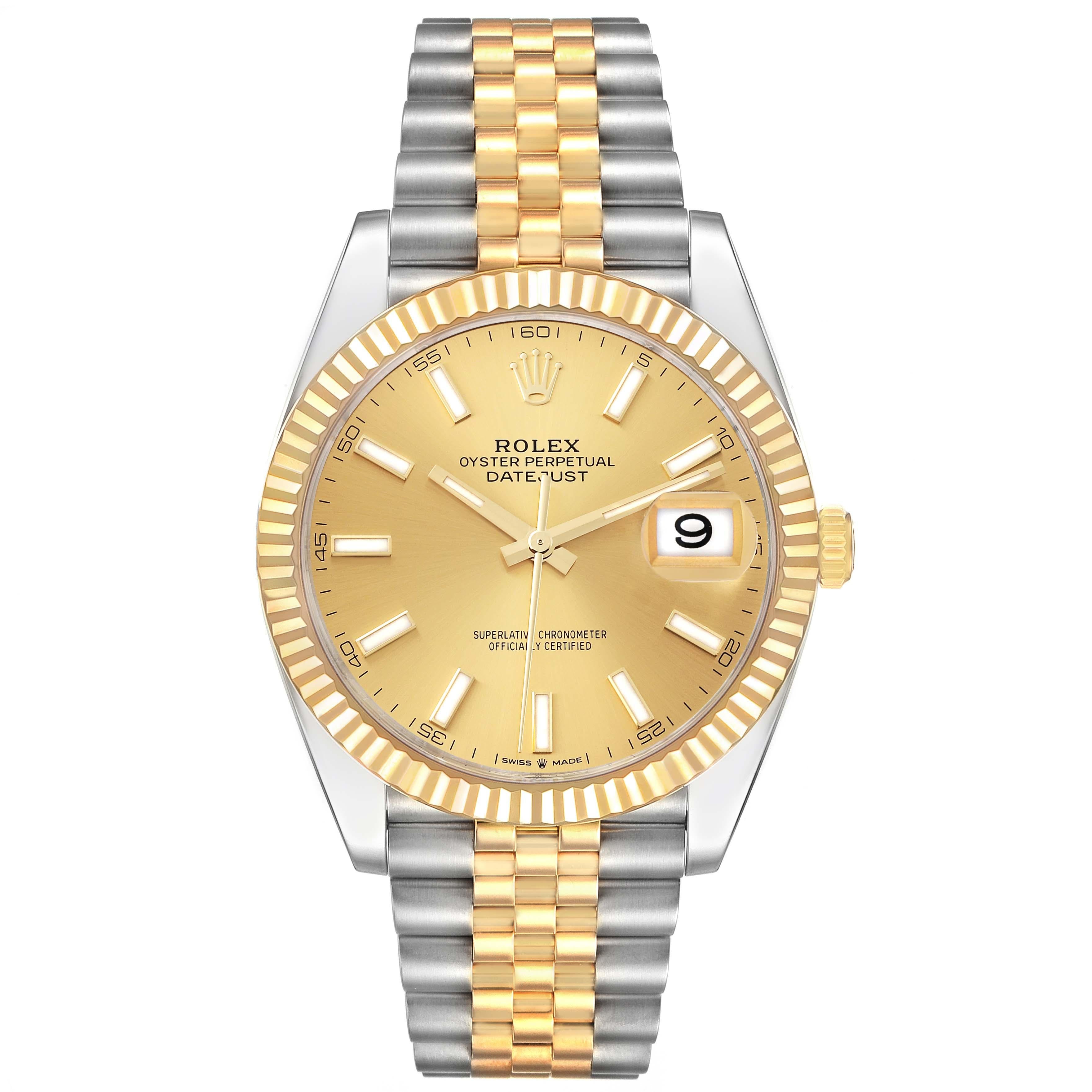 Rolex Datejust 41 Steel Yellow Gold Champagne Dial Mens Watch 126333 Box Card. Officially certified chronometer automatic self-winding movement with quickset date. Stainless steel and 18K yellow gold case 41 mm in diameter. High polished lugs. Rolex