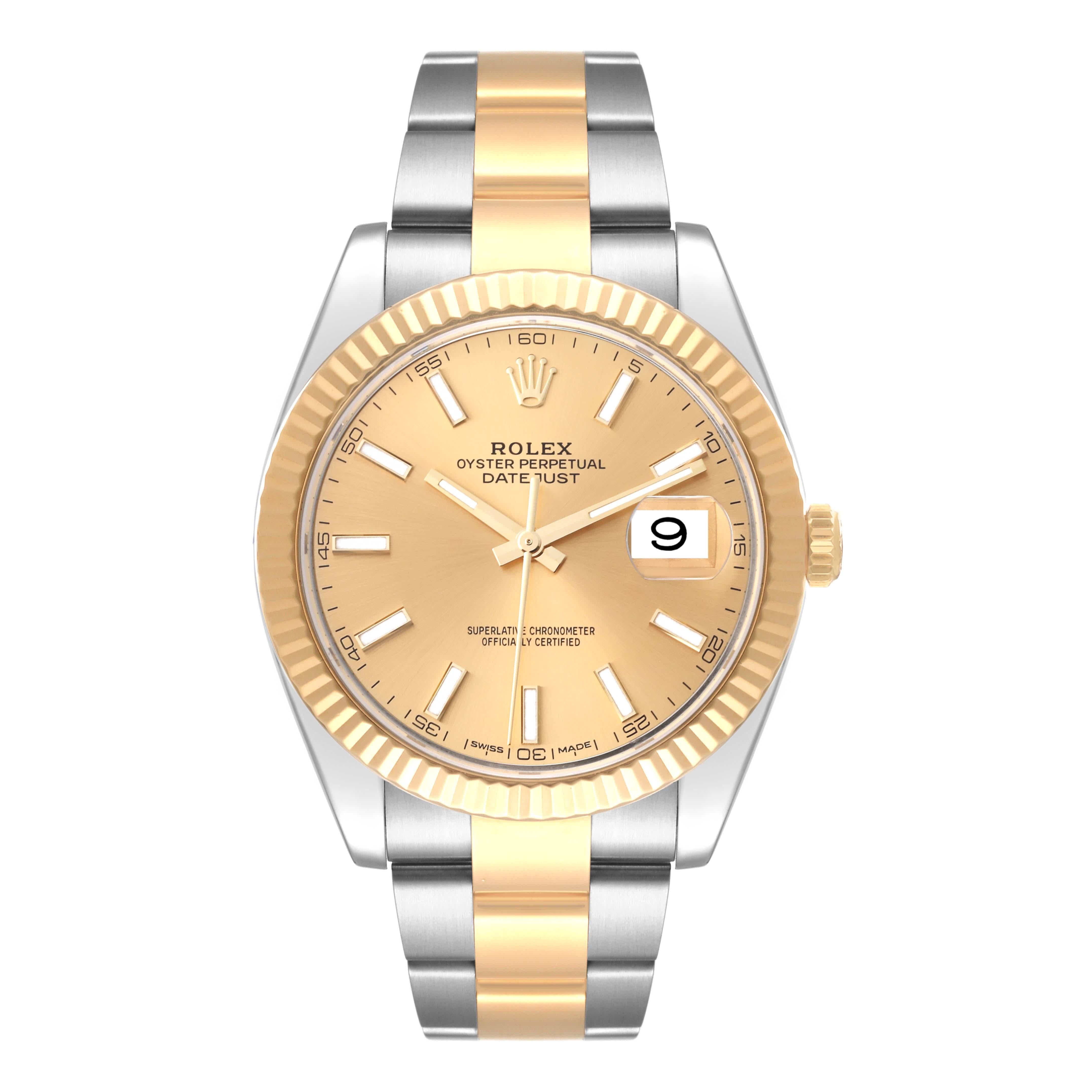 Rolex Datejust 41 Steel Yellow Gold Champagne Dial Mens Watch 126333. Officially certified chronometer self-winding movement with quickset date. Stainless steel and 18K yellow gold case 41 mm in diameter. High polished lugs. Rolex logo on a crown.