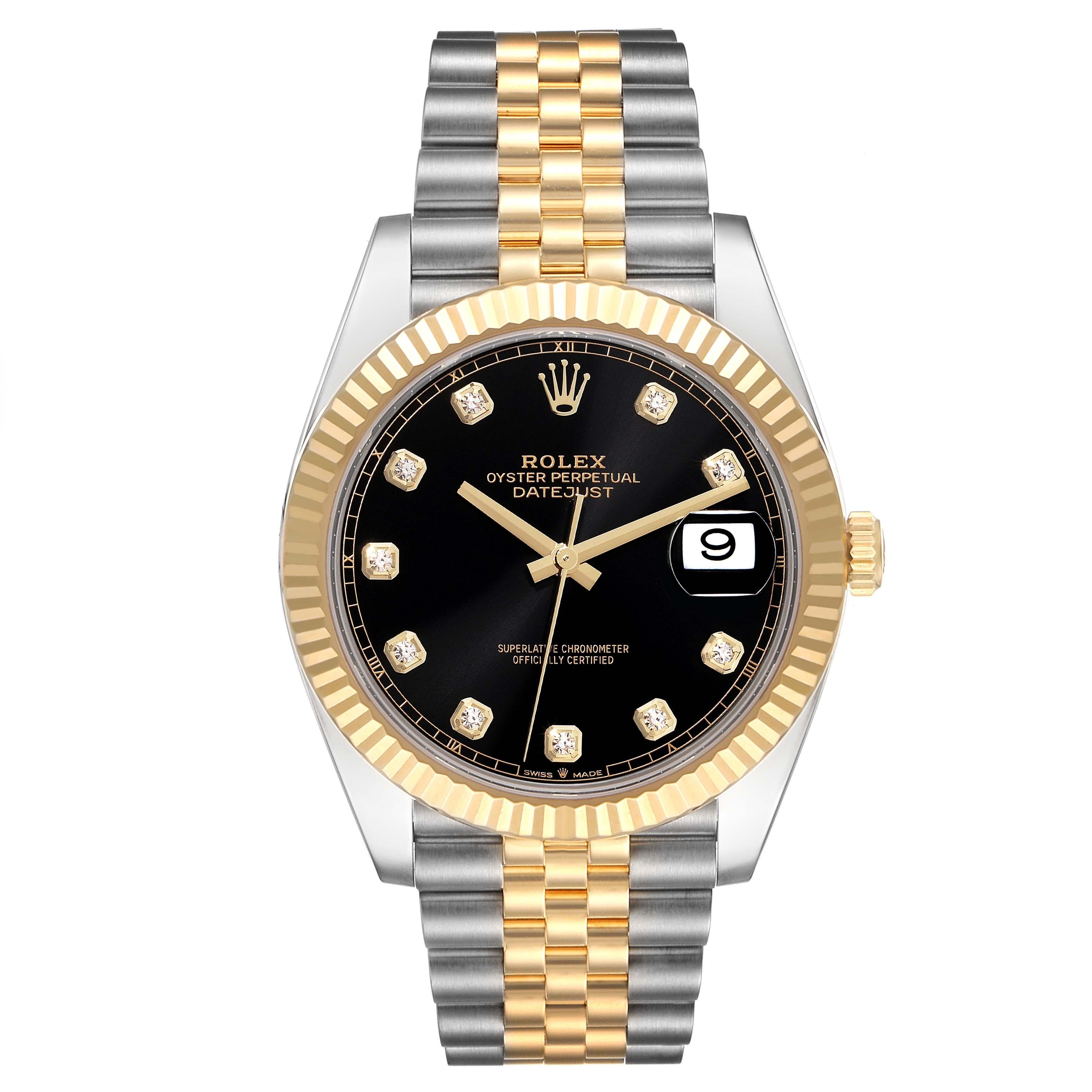 Rolex Datejust 41 Steel Yellow Gold Diamond Dial Mens Watch 126333 Box Card. Officially certified chronometer self-winding movement. Stainless steel and 18K yellow gold case 41.0 mm in diameter. Rolex logo on a crown. 18K yellow gold fluted bezel.