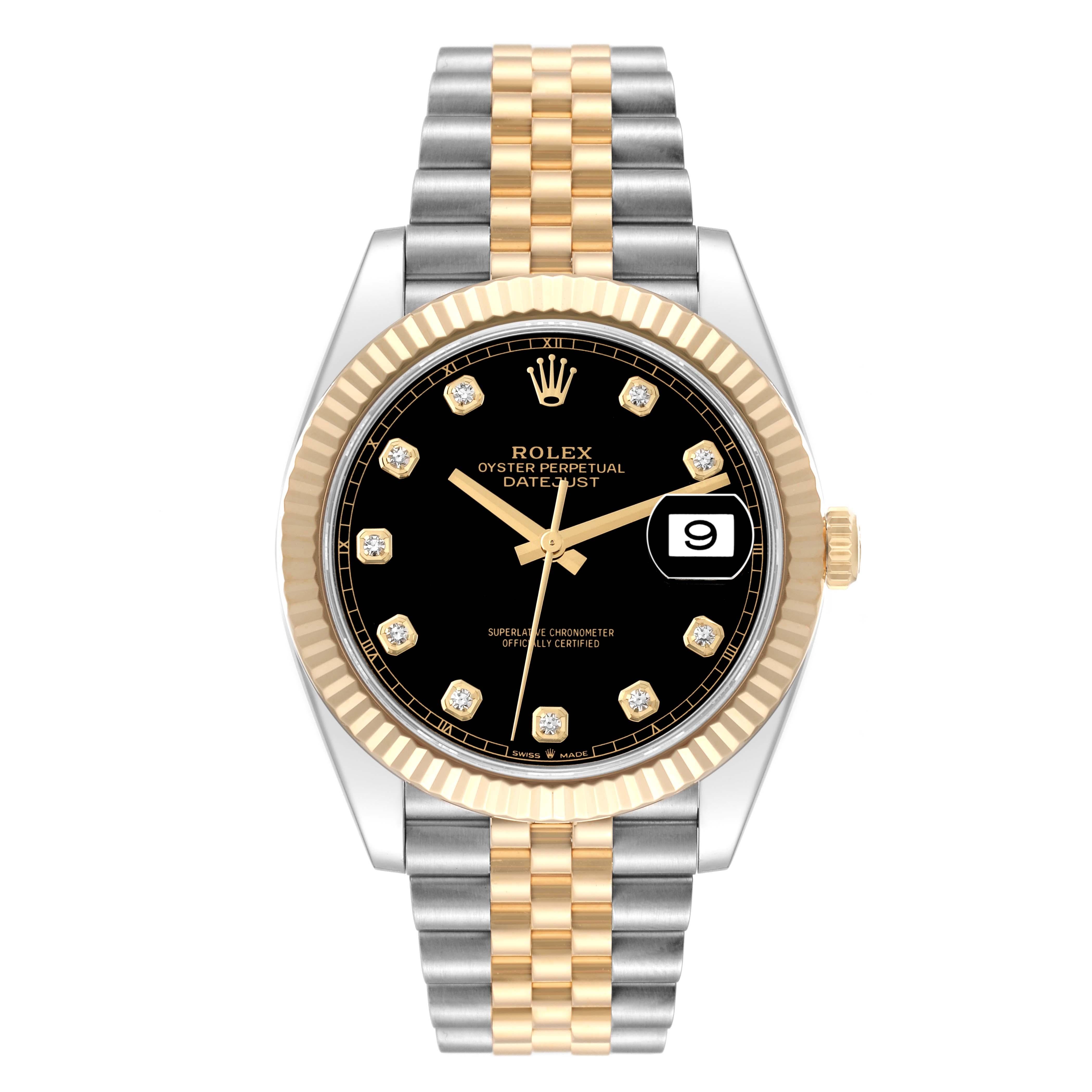 Rolex Datejust 41 Steel Yellow Gold Diamond Dial Mens Watch 126333 Box Card. Officially certified chronometer automatic self-winding movement. Stainless steel and 18K yellow gold case 41.0 mm in diameter. Rolex logo on a crown. 18K yellow gold