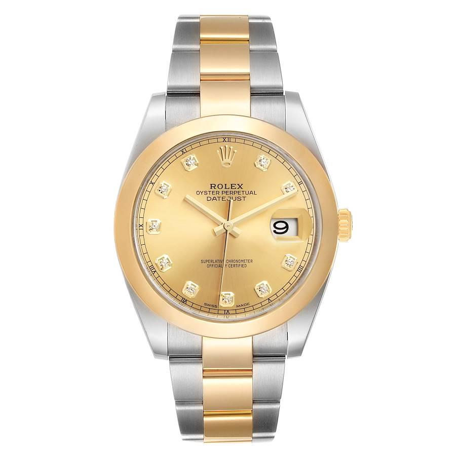 Rolex Datejust 41 Steel Yellow Gold Diamond Mens Watch 126303 Box Card. Officially certified chronometer self-winding movement. Stainless steel and 18K yellow gold case 41.0 mm in diameter. Rolex logo on a crown. 18K yellow gold smooth domed bezel.