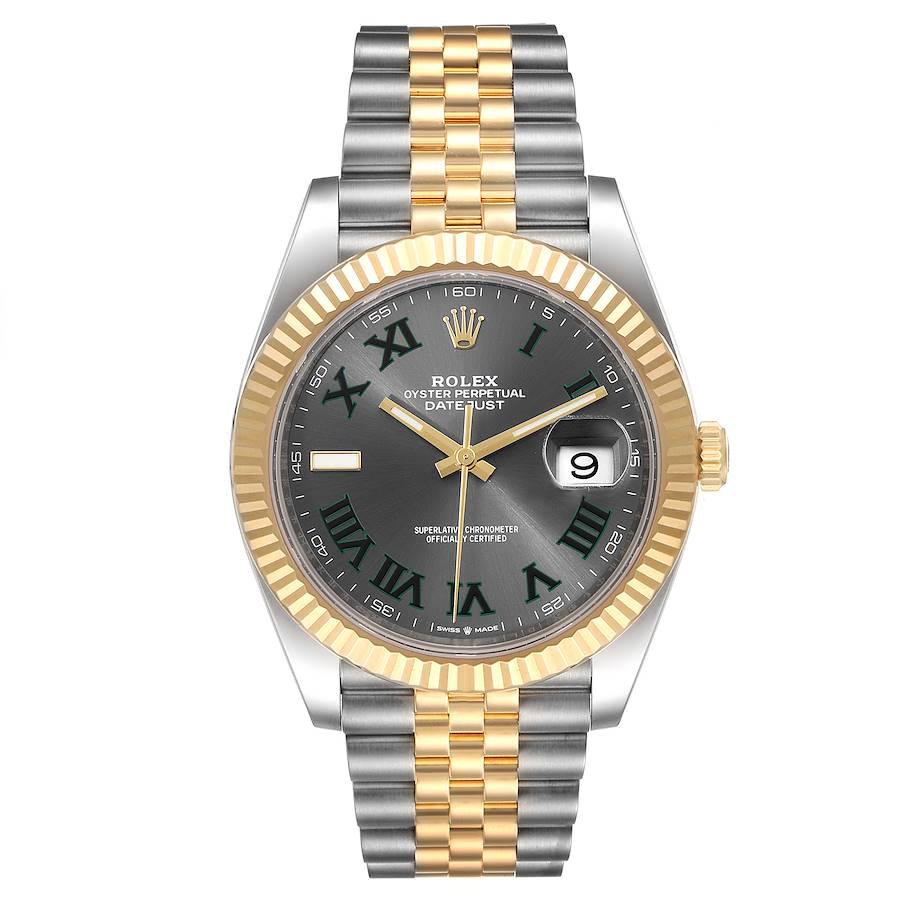 Rolex Datejust 41 Steel Yellow Gold Grey Dial Green Numerals Mens Watch 126333. Officially certified chronometer self-winding movement with quickset date. Stainless steel and 18K yellow gold case 41.0 mm in diameter. Rolex logo on a crown. 18K