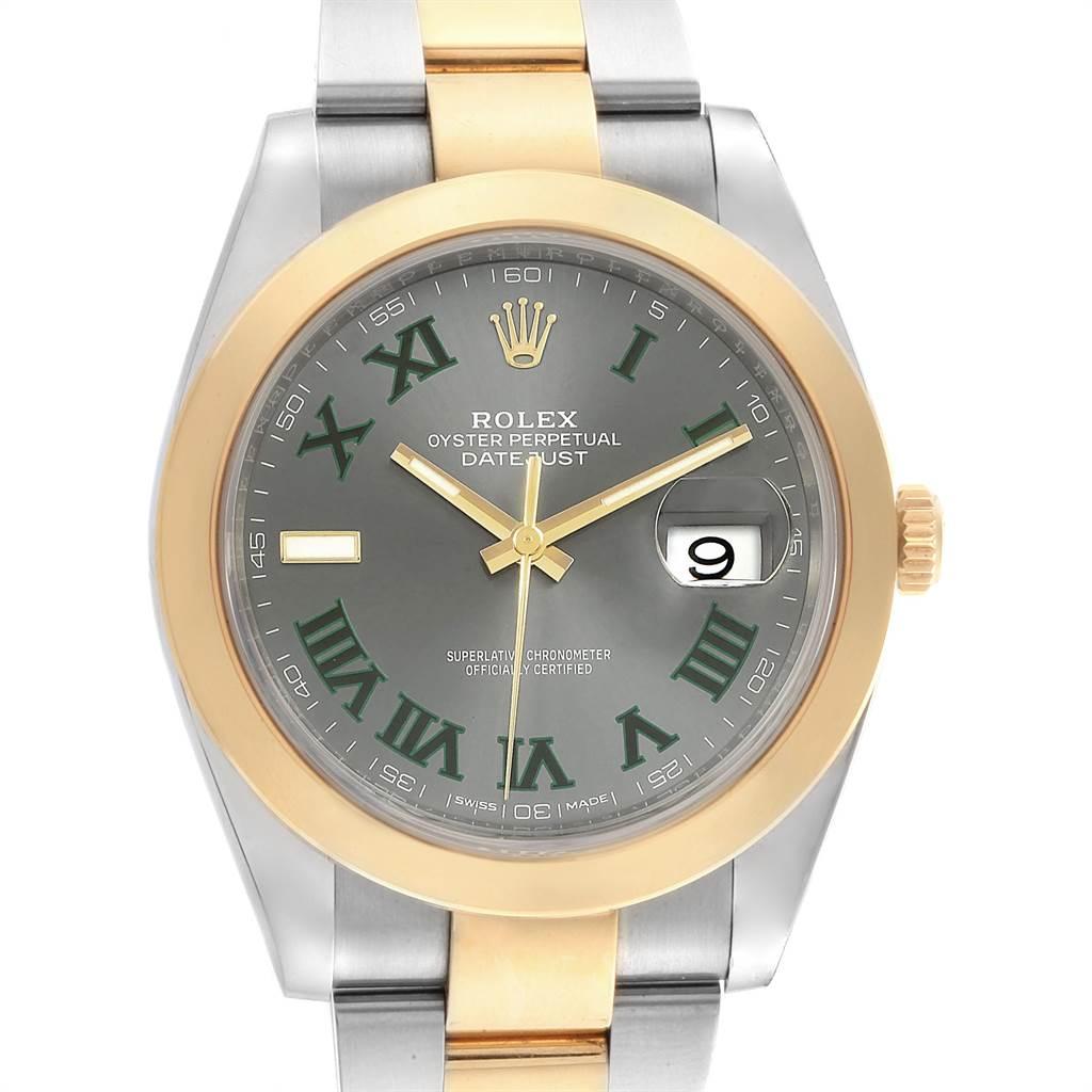 Rolex Datejust 41 Steel Yellow Gold Grey Green Dial Watch 126303 Box Card. Officially certified chronometer self-winding movement with quickset date. Stainless steel and 18K yellow gold case 41.0 mm in diameter. High polished lugs. Rolex logo on a