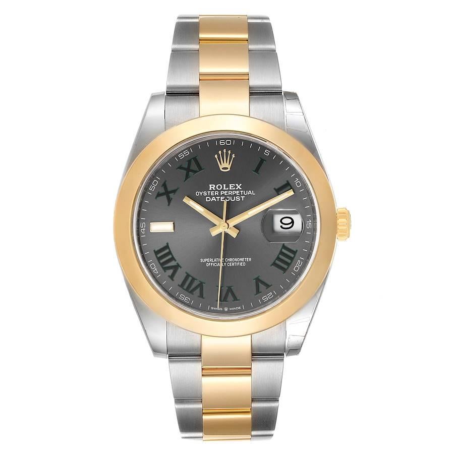 Rolex Datejust 41 Steel Yellow Gold Grey Green Dial Watch 126303 Box Card. Officially certified chronometer self-winding movement with quickset date. Stainless steel and 18K yellow gold case 41.0 mm in diameter.  High polished lugs. Rolex logo on a