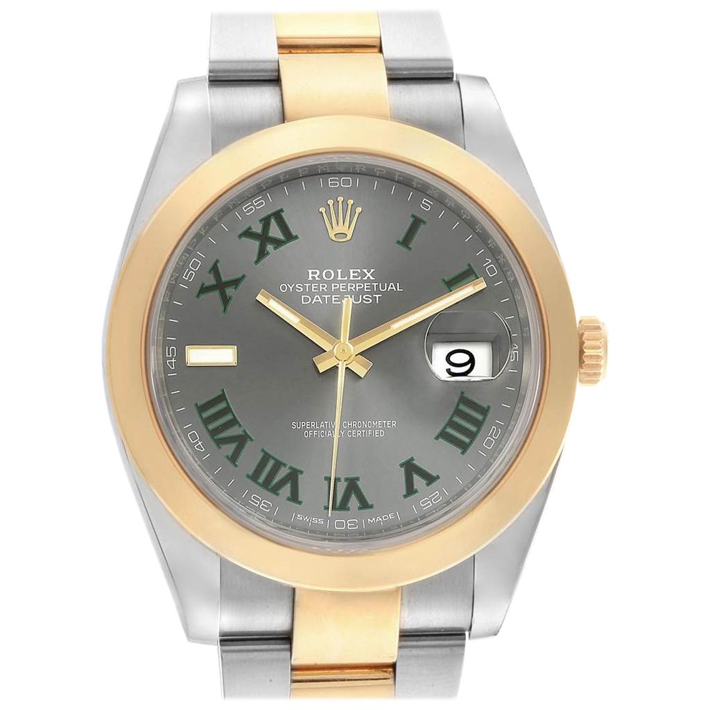 Rolex Datejust 41 Steel Yellow Gold Grey Green Dial Watch 126303 Box Card For Sale