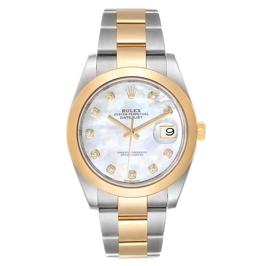 Rolex Datejust 41 Steel Yellow Gold MOP Diamond Mens Watch 126303 Box Card. Officially certified chronometer self-winding movement. Stainless steel and 18K yellow gold case 41.0 mm in diameter. Rolex logo on a crown. 18K yellow gold smooth domed