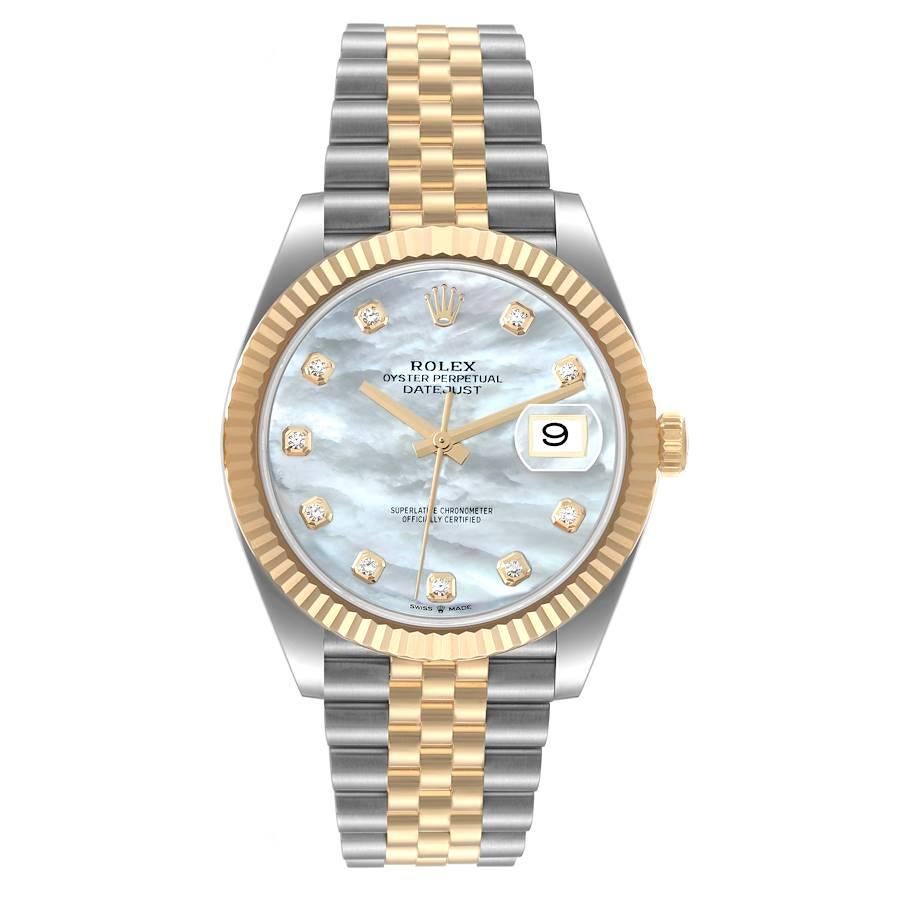 Rolex Datejust 41 Steel Yellow Gold Mother Of Pearl Diamond Dial Watch 126333 Box Card. Officially certified chronometer self-winding movement. Stainless steel and 18K yellow gold case 41.0 mm in diameter. Rolex logo on a crown. 18K yellow gold