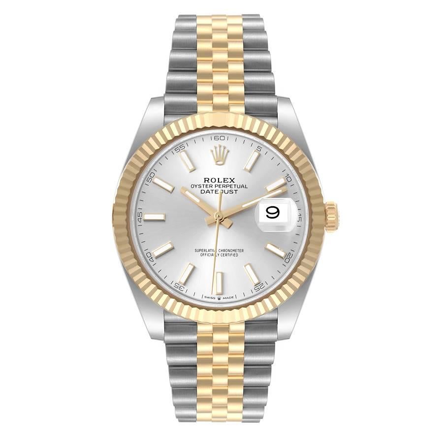 Rolex Datejust 41 Steel Yellow Gold Silver Dial Mens Watch 126333 Box Card. Officially certified chronometer self-winding movement with quickset date. Stainless steel and 18K yellow gold case 41.0 mm in diameter.  High polished lugs. Rolex logo on a