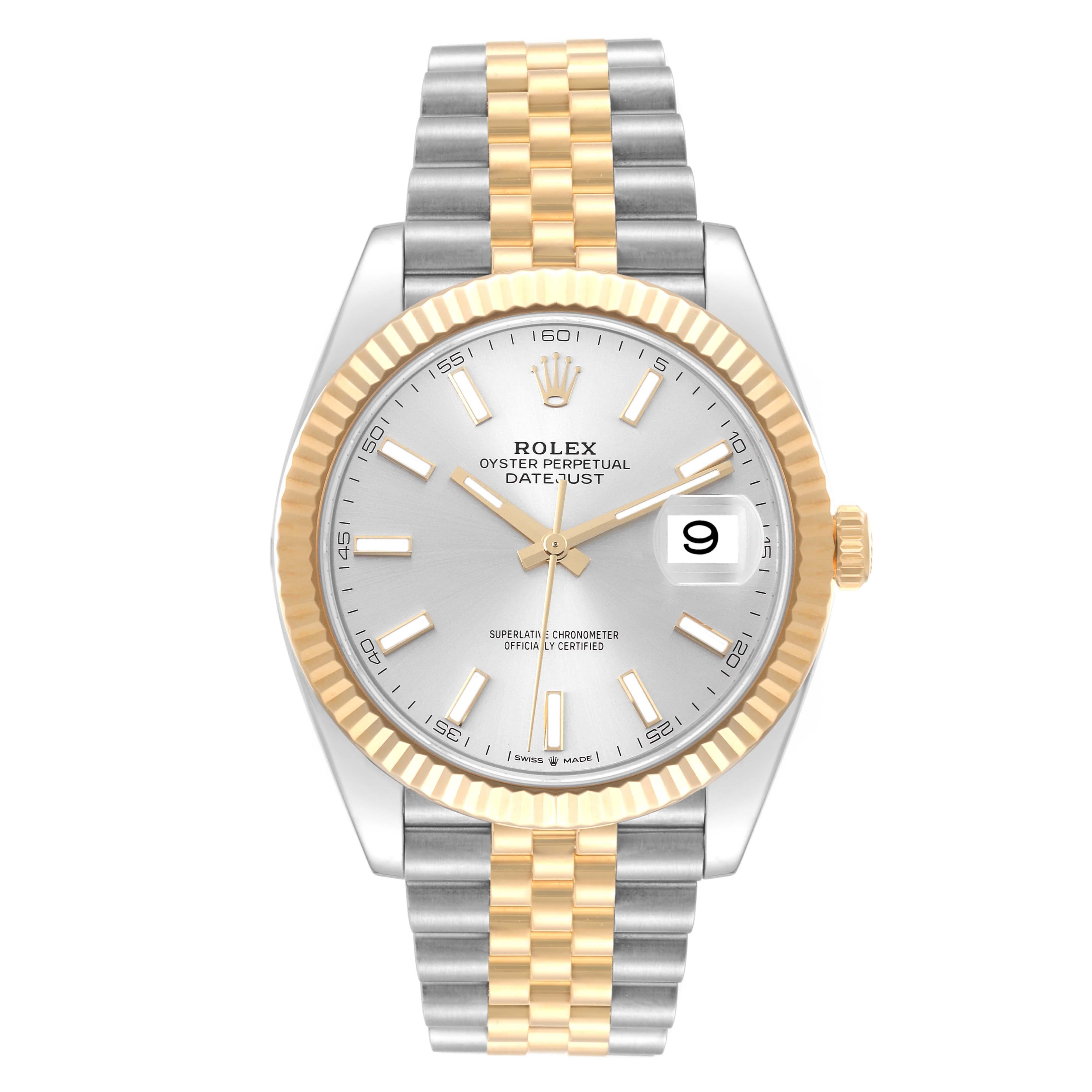 Rolex Datejust 41 Steel Yellow Gold Silver Dial Mens Watch 126333 Box Card. Officially certified chronometer automatic self-winding movement with quickset date. Stainless steel and 18K yellow gold case 41.0 mm in diameter. High polished lugs. Rolex