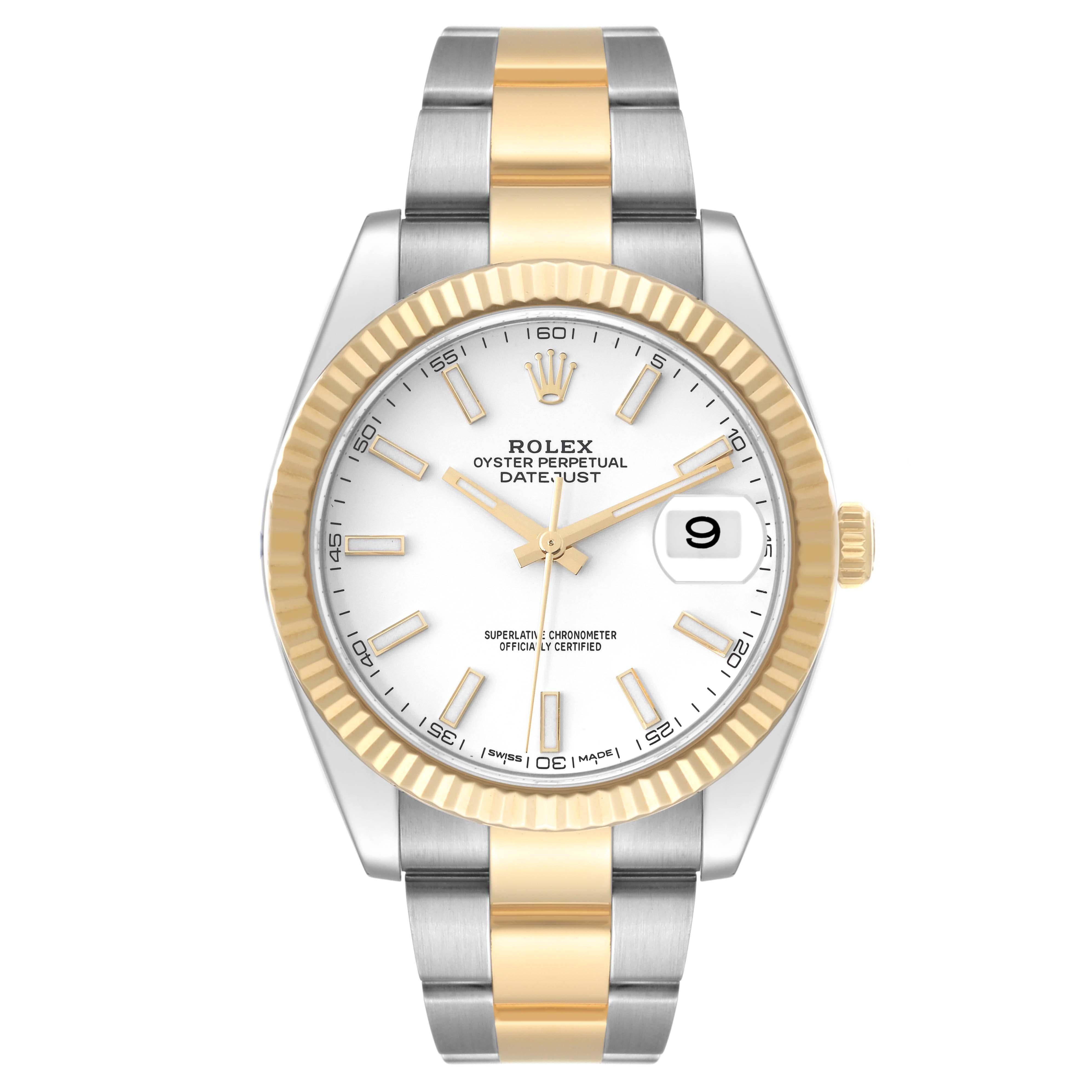 Rolex Datejust 41 Steel Yellow Gold White Dial Mens Watch 126333 Box Card. Officially certified chronometer automatic self-winding movement. Stainless steel and 18K yellow gold case 41.0 mm in diameter.  High polished lugs. Rolex logo on a crown.
