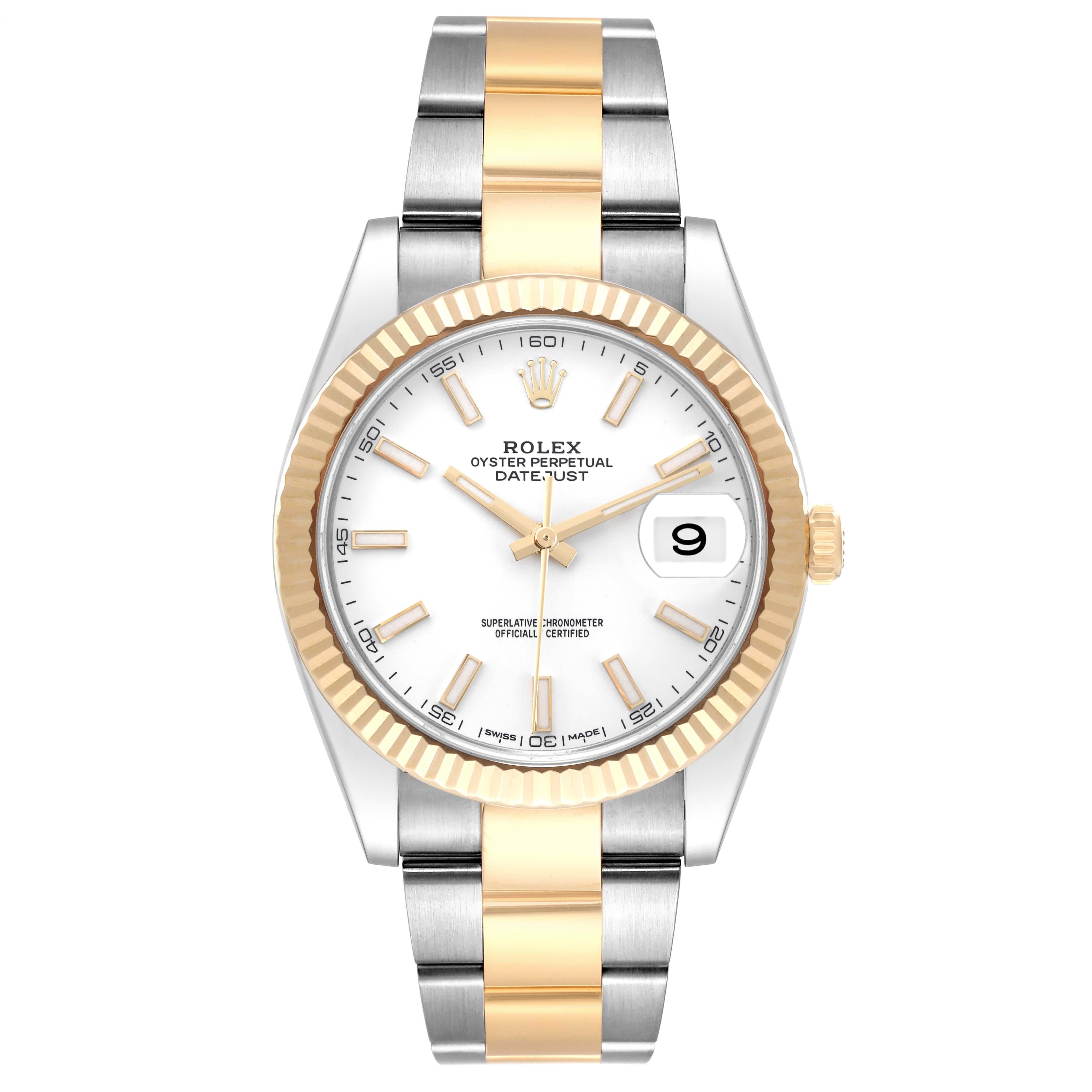 Rolex Datejust 41 Steel Yellow Gold White Dial Mens Watch 126333 Box Card. Officially certified chronometer automatic self-winding movement. Stainless steel and 18K yellow gold case 41.0 mm in diameter.  High polished lugs. Rolex logo on a crown.