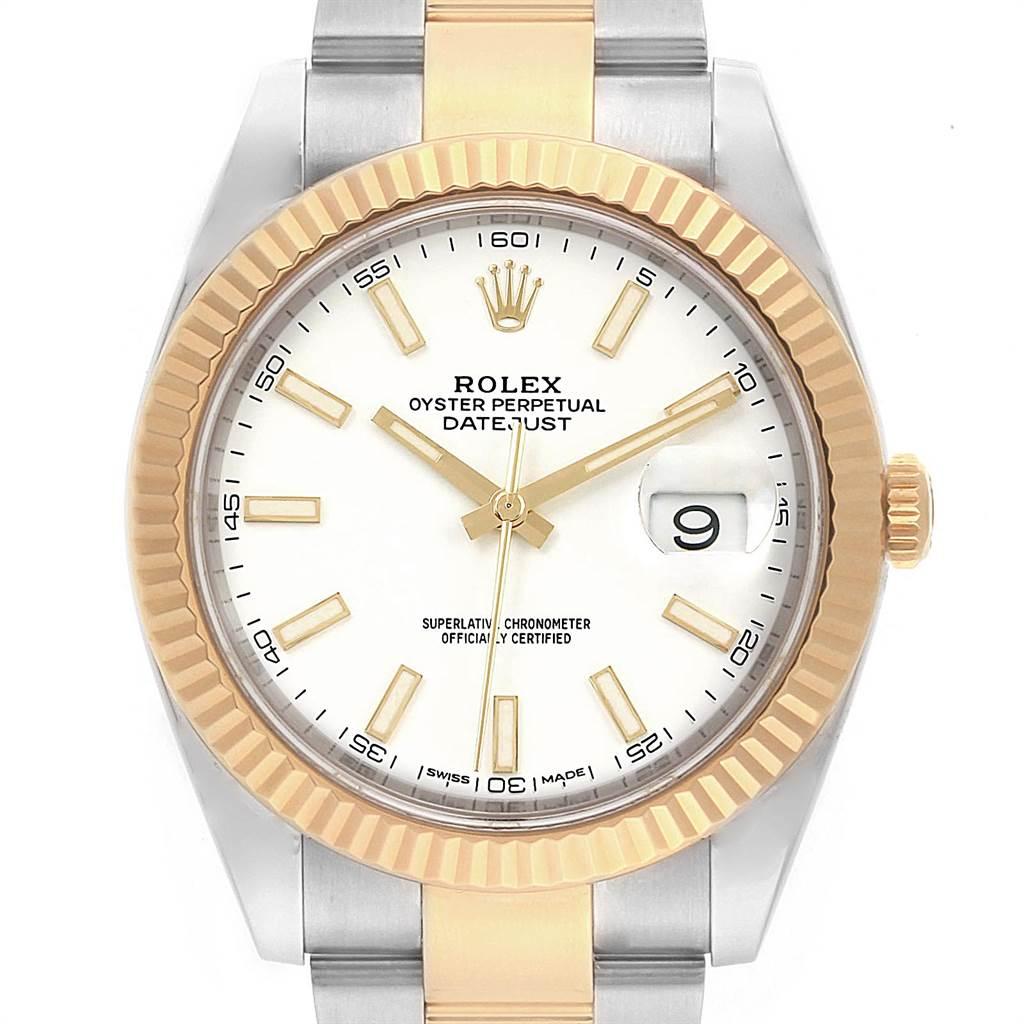 Rolex Datejust 41 Steel Yellow Gold White Dial Mens Watch 126333. Officially certified chronometer automatic self-winding movement. Stainless steel and 18K yellow gold case 41.0 mm in diameter. High polished lugs. Rolex logo on a crown. 18K yellow