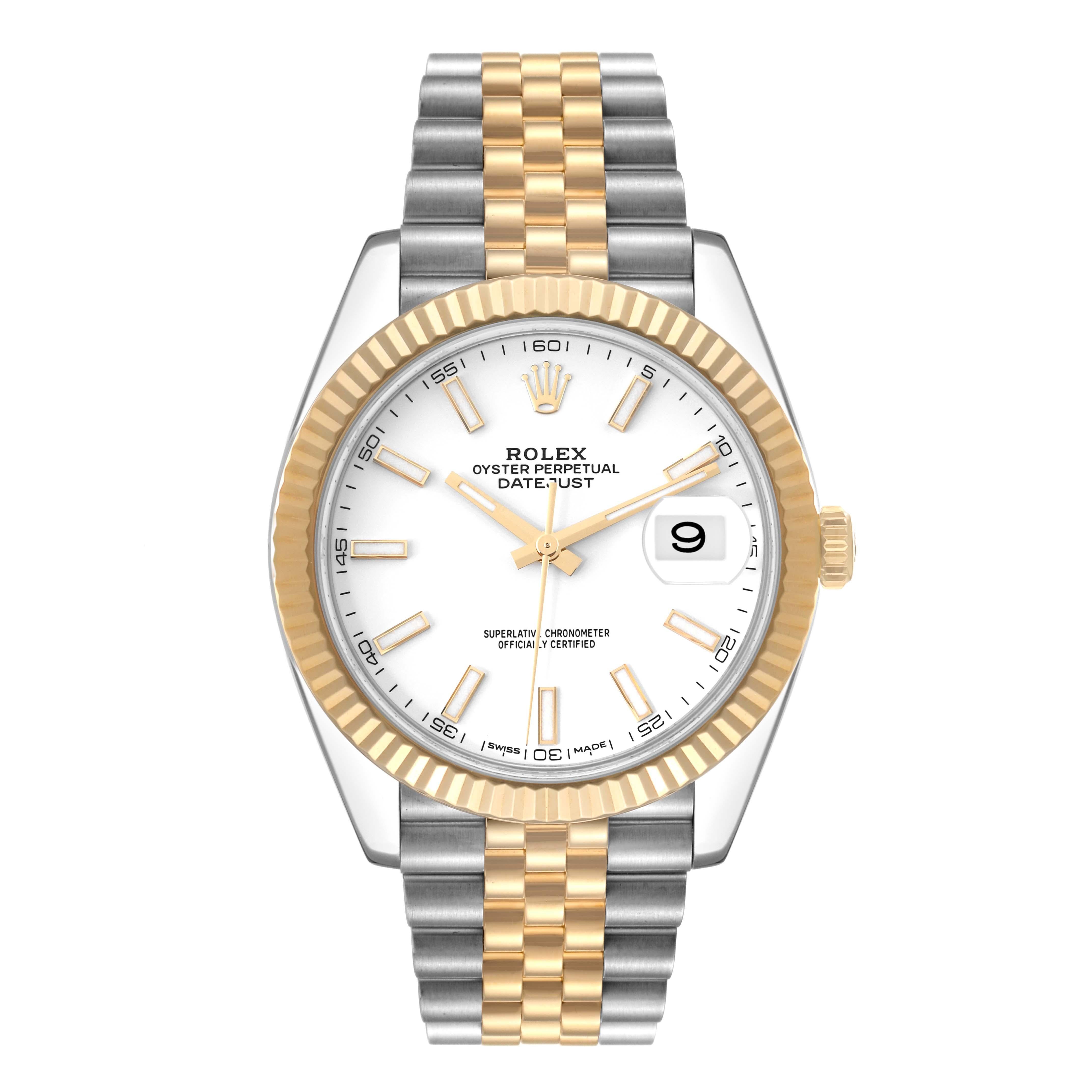 Rolex Datejust 41 Steel Yellow Gold White Dial Mens Watch 126333. Officially certified chronometer self-winding movement. Stainless steel and 18K yellow gold case 41.0 mm in diameter.  High polished lugs. Rolex logo on a crown. 18K yellow gold