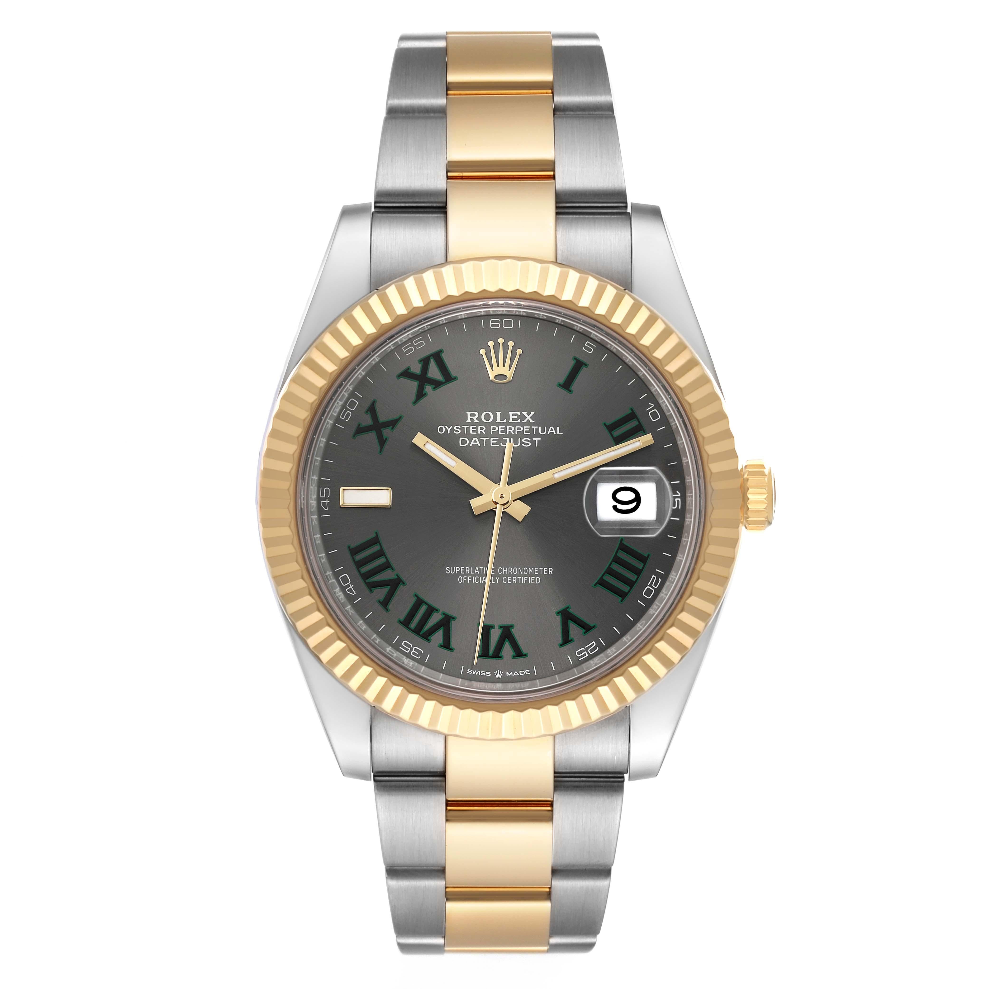 Rolex Datejust 41 Steel Yellow Gold Wimbledon Dial Mens Watch 126333 Box Card. Officially certified chronometer automatic self-winding movement with quickset date. Stainless steel and 18K yellow gold case 41.0 mm in diameter. Rolex logo on a crown.