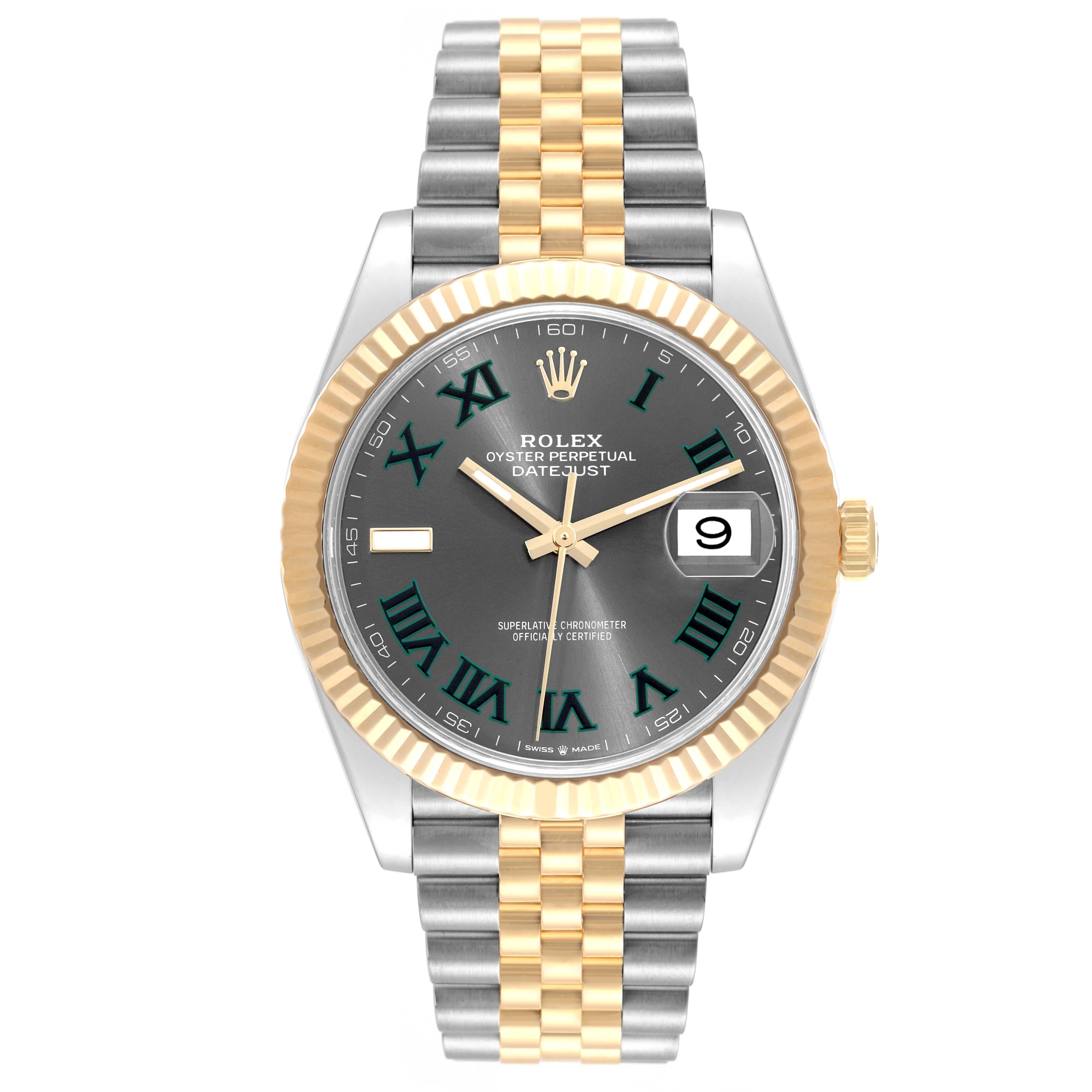 Rolex Datejust 41 Steel Yellow Gold Wimbledon Dial Mens Watch 126333 Box Card. Officially certified chronometer automatic self-winding movement with quickset date. Stainless steel and 18K yellow gold case 41.0 mm in diameter. Rolex logo on crown.