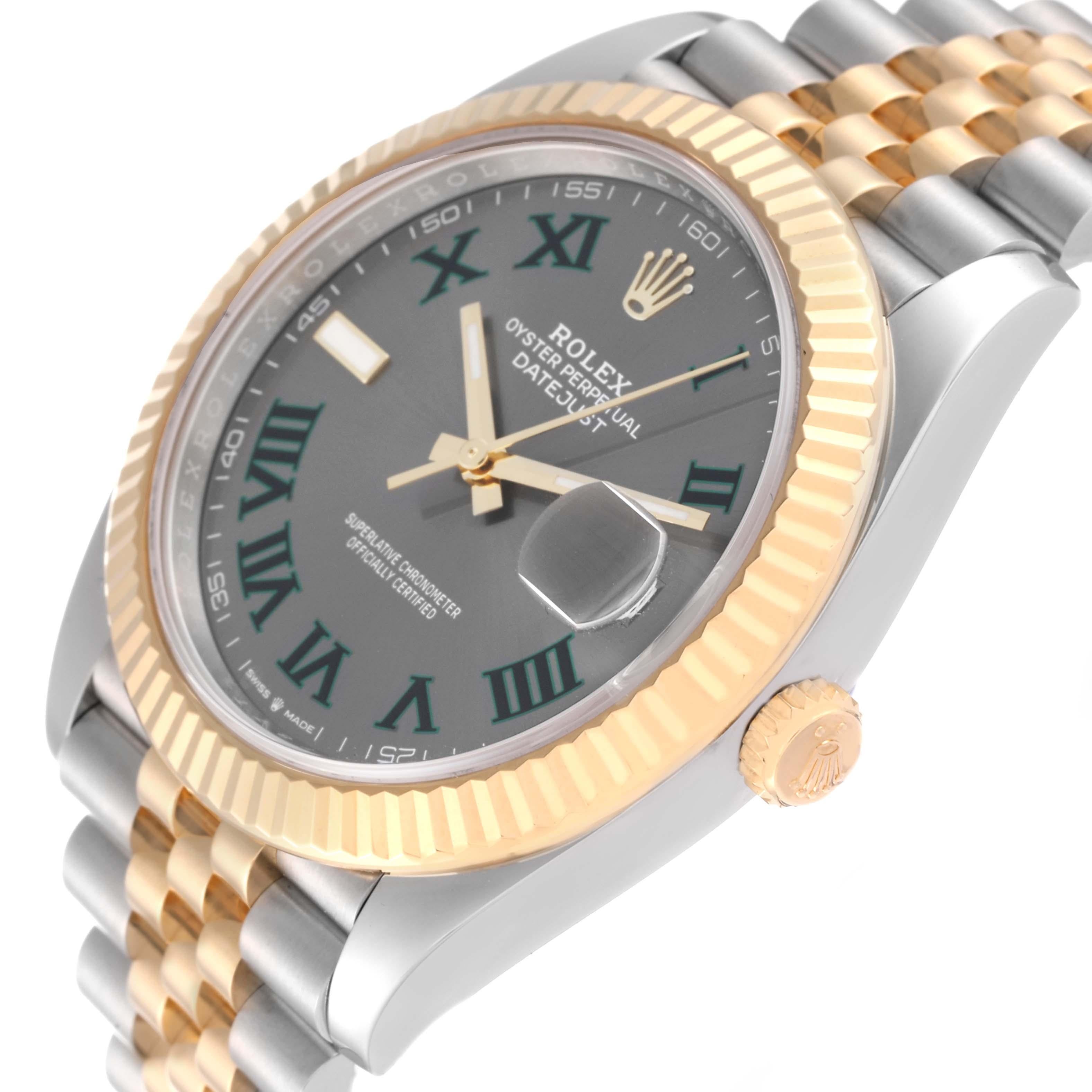 Rolex Datejust 41 Steel Yellow Gold Wimbledon Dial Mens Watch 126333. Officially certified chronometer automatic self-winding movement with quickset date. Stainless steel and 18K yellow gold case 41.0 mm in diameter. Rolex logo on the crown. 18K