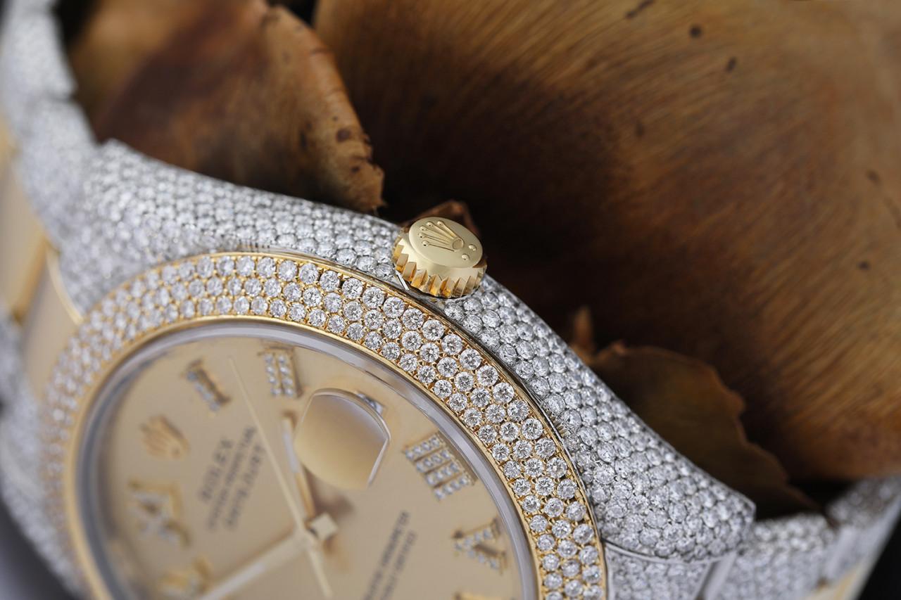 Rolex Datejust 41 Two Tone Iced Out Watch with Champagne Diamond Roman Numerals 126303.

This watch comes with a LIFETIME diamond replacement warranty. We are so confident in our diamonds setters that if any of the individual diamonds are ever to