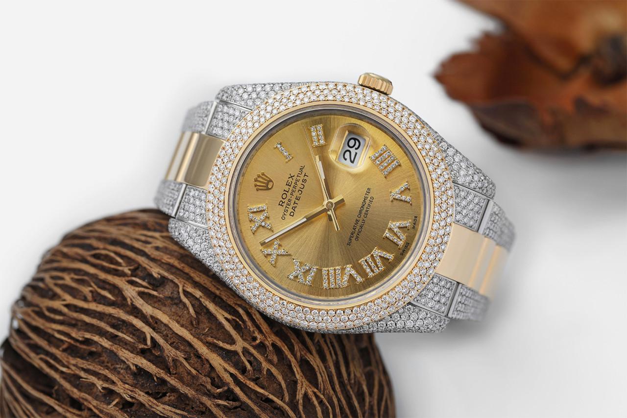 Taille ronde Rolex Montre Datejust 41 bicolore émaillée avec chiffres romains et diamants champagne  en vente