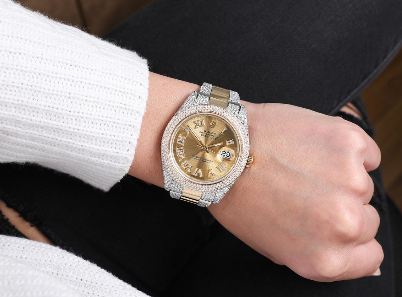 Round Cut Rolex Datejust 41 Two Tone Iced Out Watch with Champagne Diamond Roman Numerals For Sale