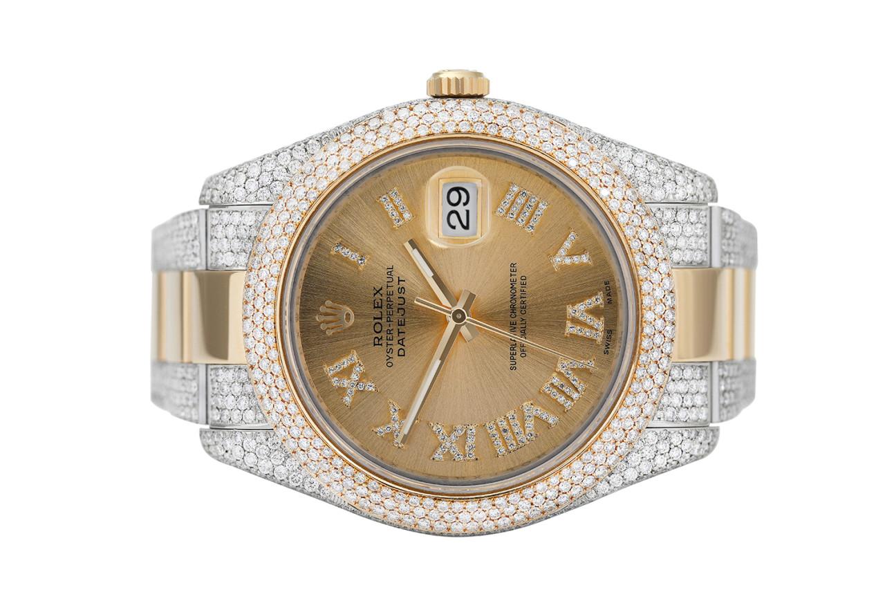 Rolex Datejust 41 Two Tone Iced Out Watch with Champagne Diamond Roman Numerals  In Excellent Condition For Sale In New York, NY