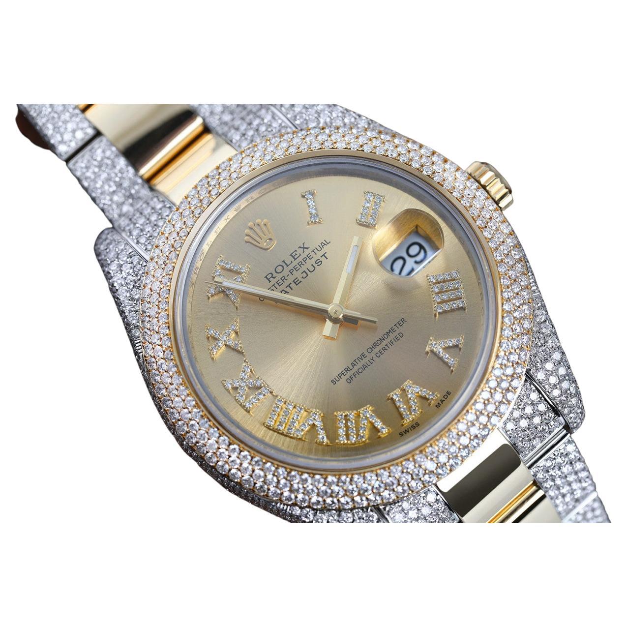 Rolex Datejust 41 Two Tone Iced Out Watch with Champagne Diamond Roman Numerals  For Sale