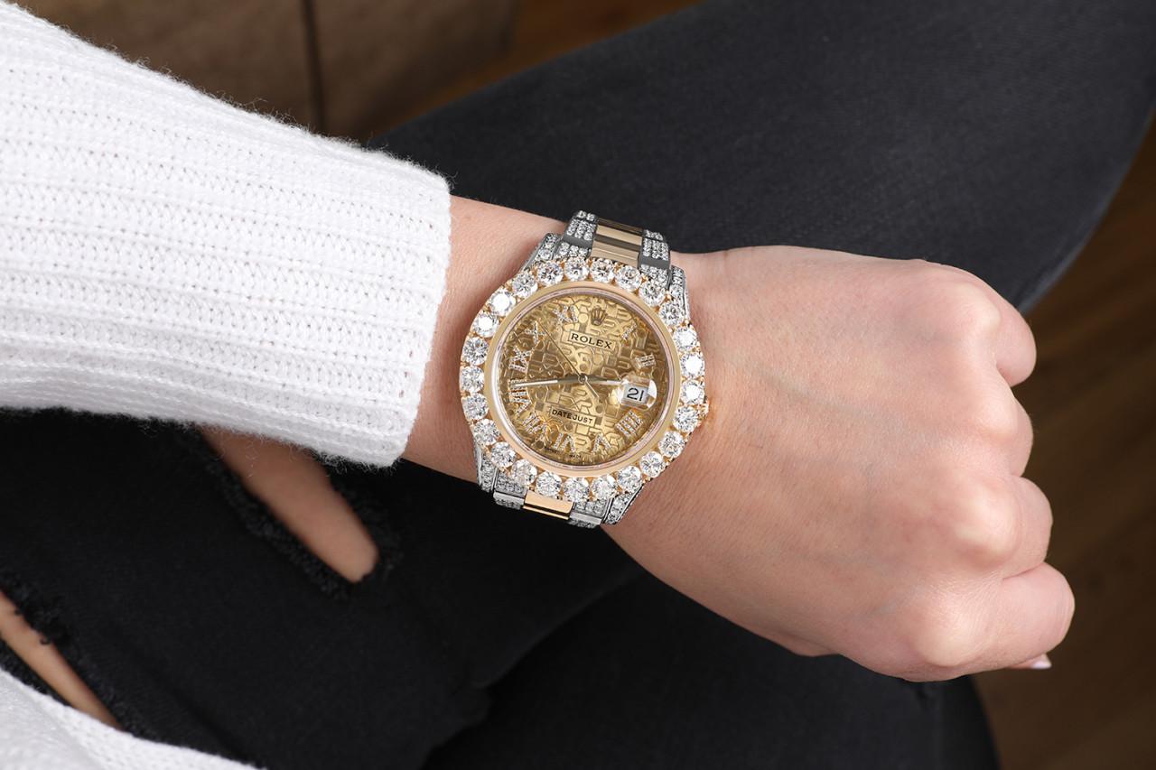 Round Cut Rolex Datejust 41 Two Tone Men's Watch with Custom Natural Diamonds Oyster Band For Sale