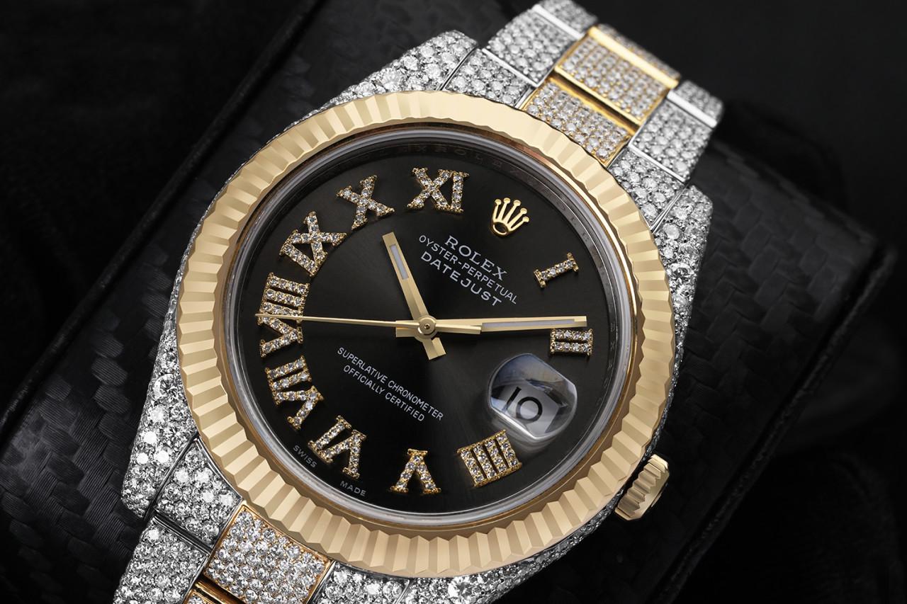 Rolex Datejust 41 Two Tone Yellow Custom Diamond Watch Dark Grey Dial Watch 116333
This watch comes with a LIFETIME diamond replacement warranty. We are so confident in our diamonds setters that if any of the individual diamonds are ever to fall out