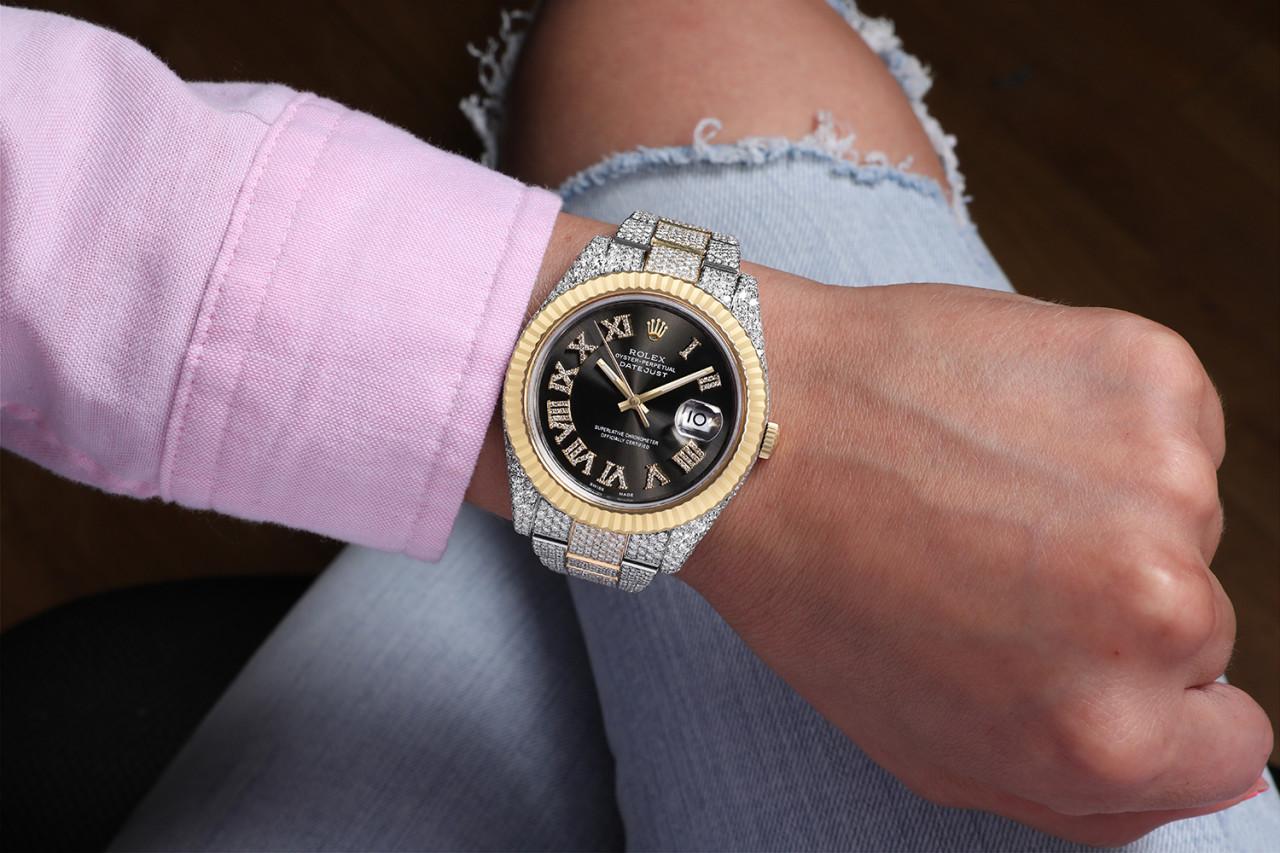 Round Cut Rolex Datejust 41 Two Tone Yellow Custom Diamond Watch Dark Grey Dial Watch For Sale