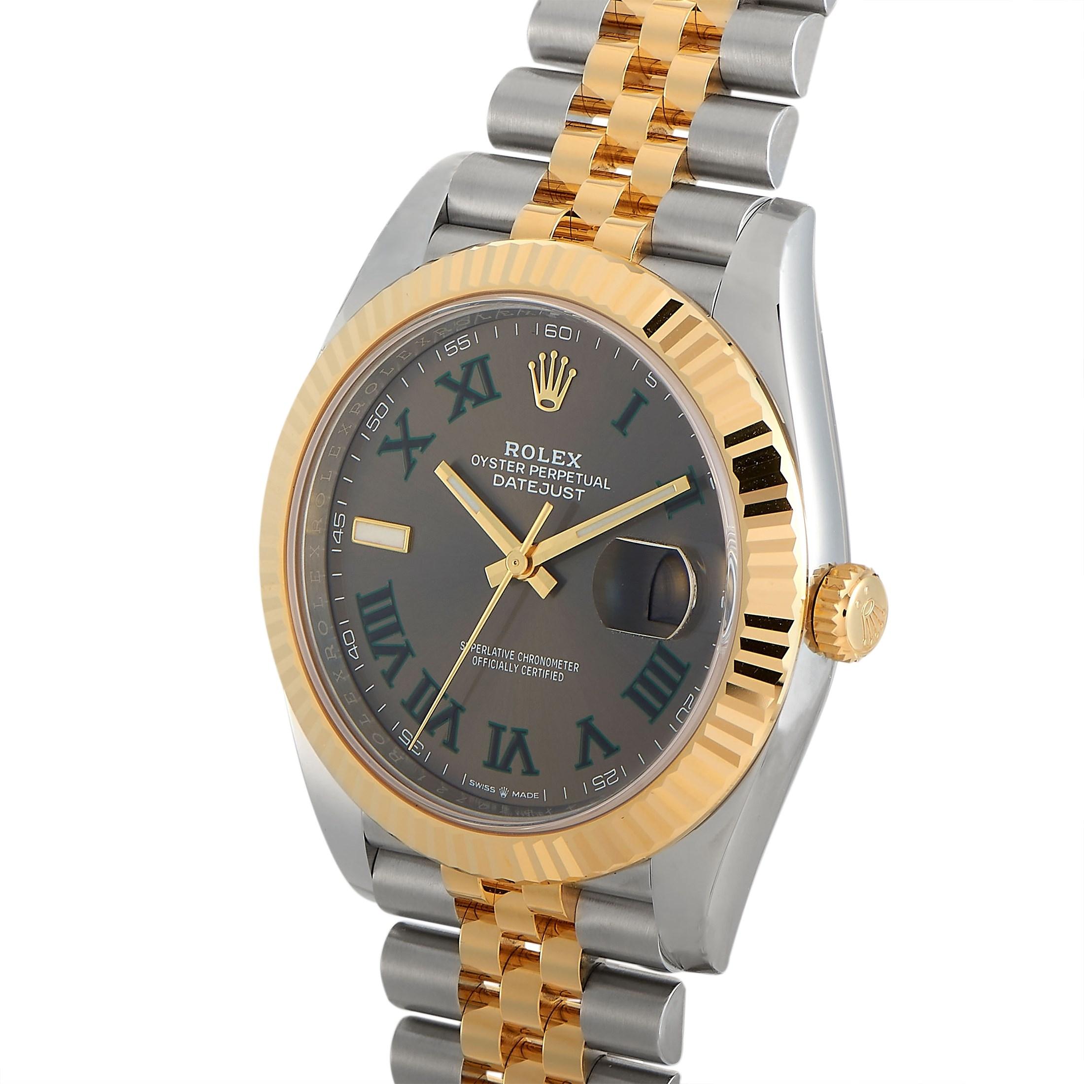 The Rolex Datejust 41, reference number 126333-0020, is a member of the renowned “Datejust” collection.

The watch boasts a 41 mm stainless steel Oyster case fitted with a fluted 18K yellow gold bezel. The case is presented on a matching Yellow