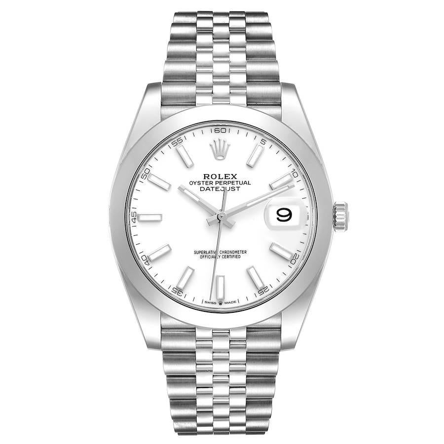 Rolex Datejust 41 White Dial Smooth Bezel Steel Mens Watch 126300 Unworn. Officially certified chronometer automatic self-winding movement. Stainless steel case 41 mm in diameter. Rolex logo on the crown. Stainless steel smooth bezel. Scratch