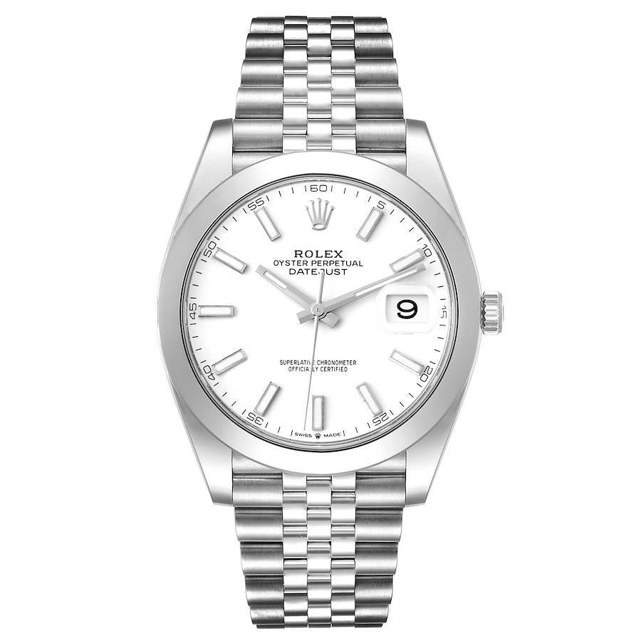 Rolex Datejust 41 White Dial Smooth Bezel Steel Mens Watch 126300 Unworn. Officially certified chronometer automatic self-winding movement. Stainless steel case 41 mm in diameter. Rolex logo on the crown. Stainless steel smooth bezel. Scratch