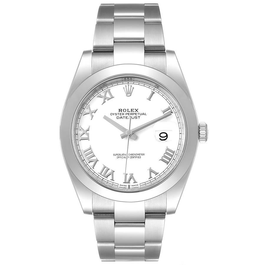 Rolex Datejust 41 White Dial Stainless Steel Mens Watch 126300 Box Card. Officially certified chronometer automatic self-winding movement. Stainless steel case 41 mm in diameter. Rolex logo on a crown. Stainless steel smooth domed bezel. Scratch