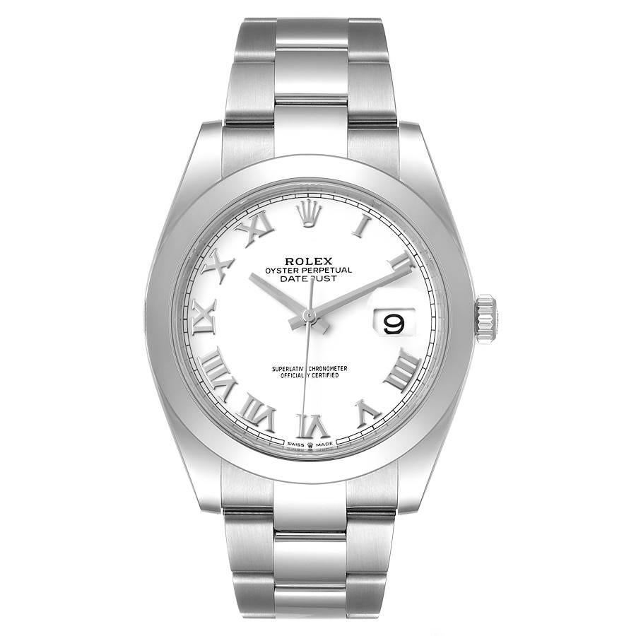 Rolex Datejust 41 White Dial Stainless Steel Mens Watch 126300 Box Card. Officially certified chronometer automatic self-winding movement. Stainless steel case 41 mm in diameter. Rolex logo on a crown. Stainless steel smooth domed bezel. Scratch