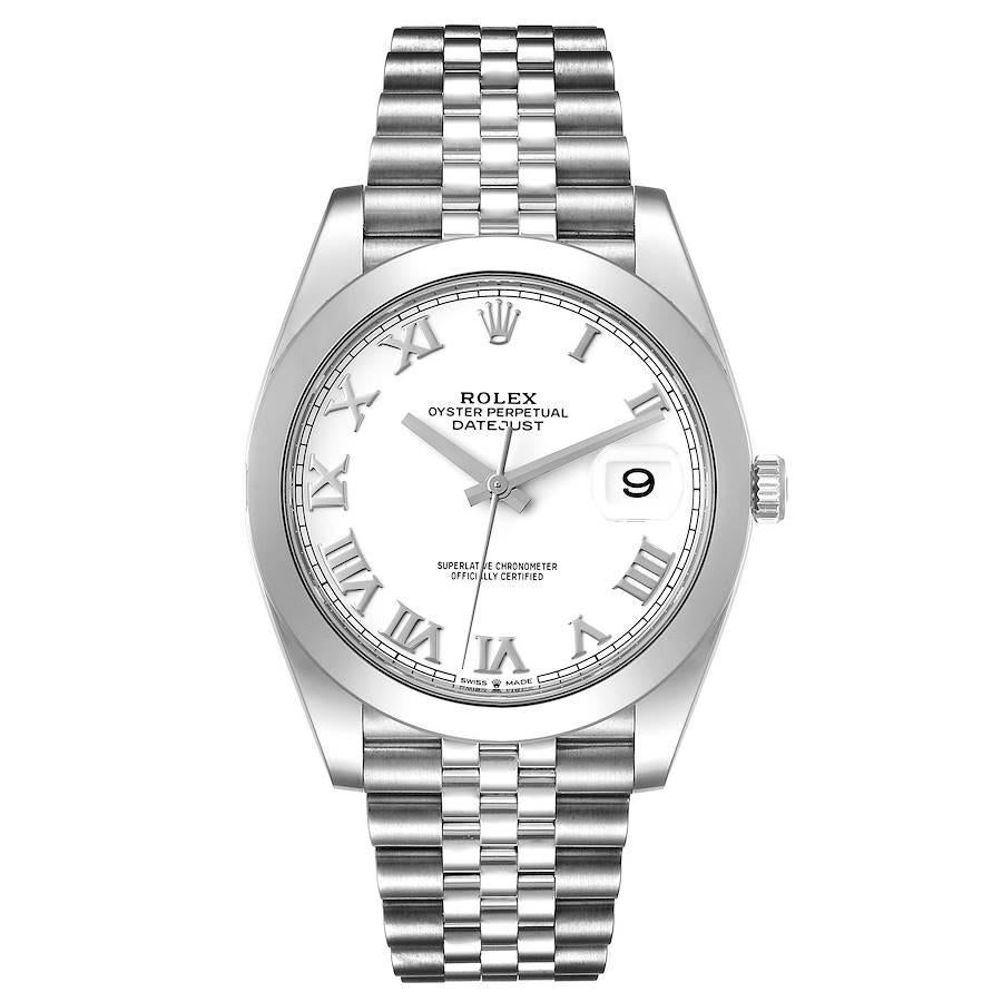 Rolex Datejust 41 White Dial Stainless Steel Mens Watch 126300 Unworn. Officially certified chronometer automatic self-winding movement. Stainless steel case 41 mm in diameter. Rolex logo on a crown. Stainless steel smooth domed bezel. Scratch