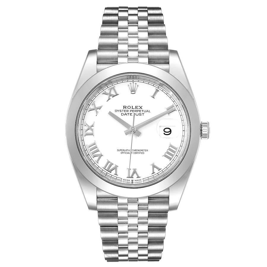 Rolex Datejust 41 White Dial Steel Mens Watch 126300 Box Card. Officially certified chronometer automatic self-winding movement. Stainless steel case 41 mm in diameter. Rolex logo on a crown. Stainless steel smooth domed bezel. Scratch resistant