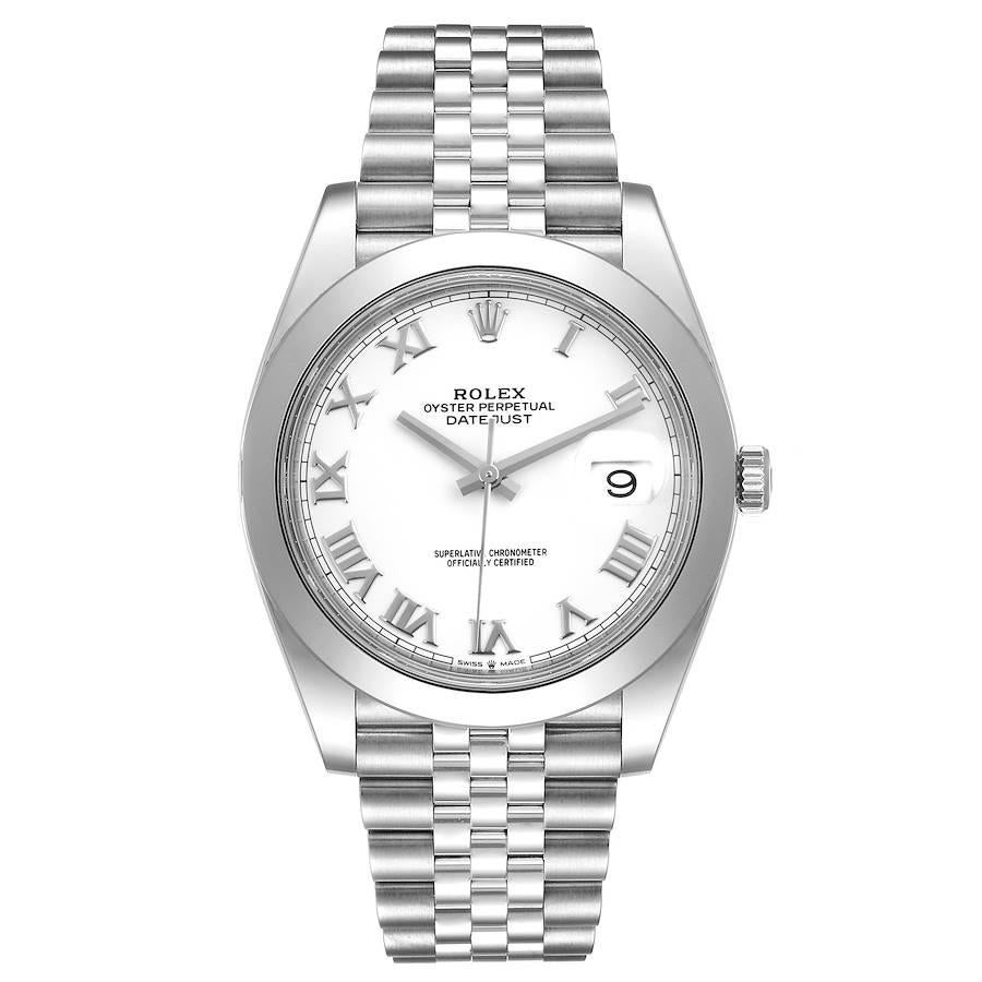 Rolex Datejust 41 White Dial Steel Mens Watch 126300 Box Card Unworn. Officially certified chronometer automatic self-winding movement. Stainless steel case 41 mm in diameter. Rolex logo on a crown. Stainless steel smooth domed bezel. Scratch