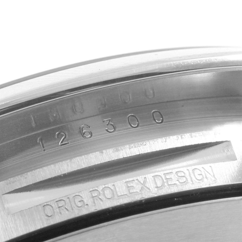 Rolex Datejust 41 White Dial Steel Mens Watch 126300 Box Papers. Officially certified chronometer automatic self-winding movement with quickset date. Stainless steel case 41 mm in diameter. Rolex logo on a crown. Stainless steel smooth domed bezel.