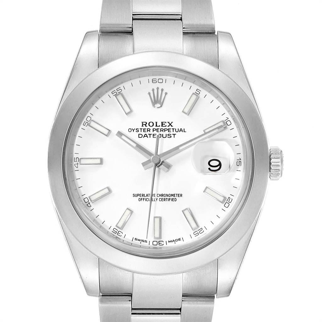 Rolex Datejust 41 White Dial Steel Mens Watch 126300 Box Papers. Officially certified chronometer automatic self-winding movement with quickset date. Stainless steel case 41 mm in diameter. Rolex logo on a crown. Stainless steel smooth domed bezel.