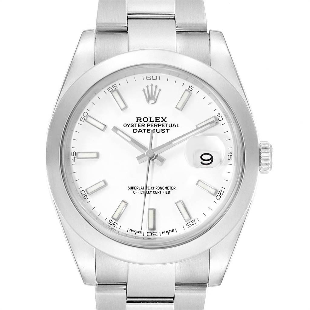 Rolex Datejust 41 White Dial Steel Mens Watch 126300 Box Papers. Officially certified chronometer automatic self-winding movement with quickset date. Stainless steel case 41 mm in diameter. Rolex logo on a crown. Stainless steel smooth domed bezel.