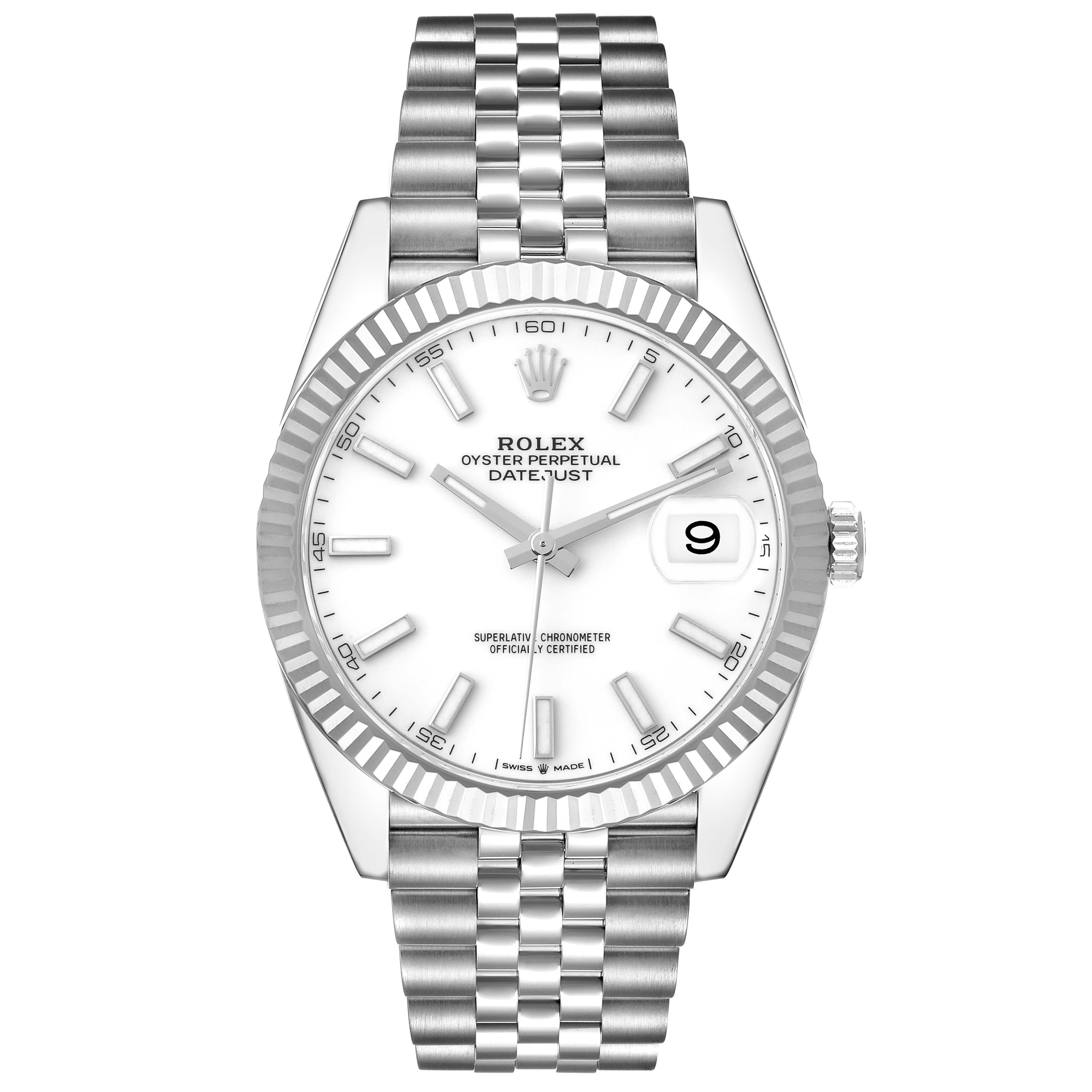Rolex Datejust 41 White Dial Steel Mens Watch 126334 Box Card. Officially certified chronometer automatic self-winding movement. Stainless steel case 41 mm in diameter. Rolex logo on the crown. 18K white gold fluted bezel. Scratch resistant sapphire