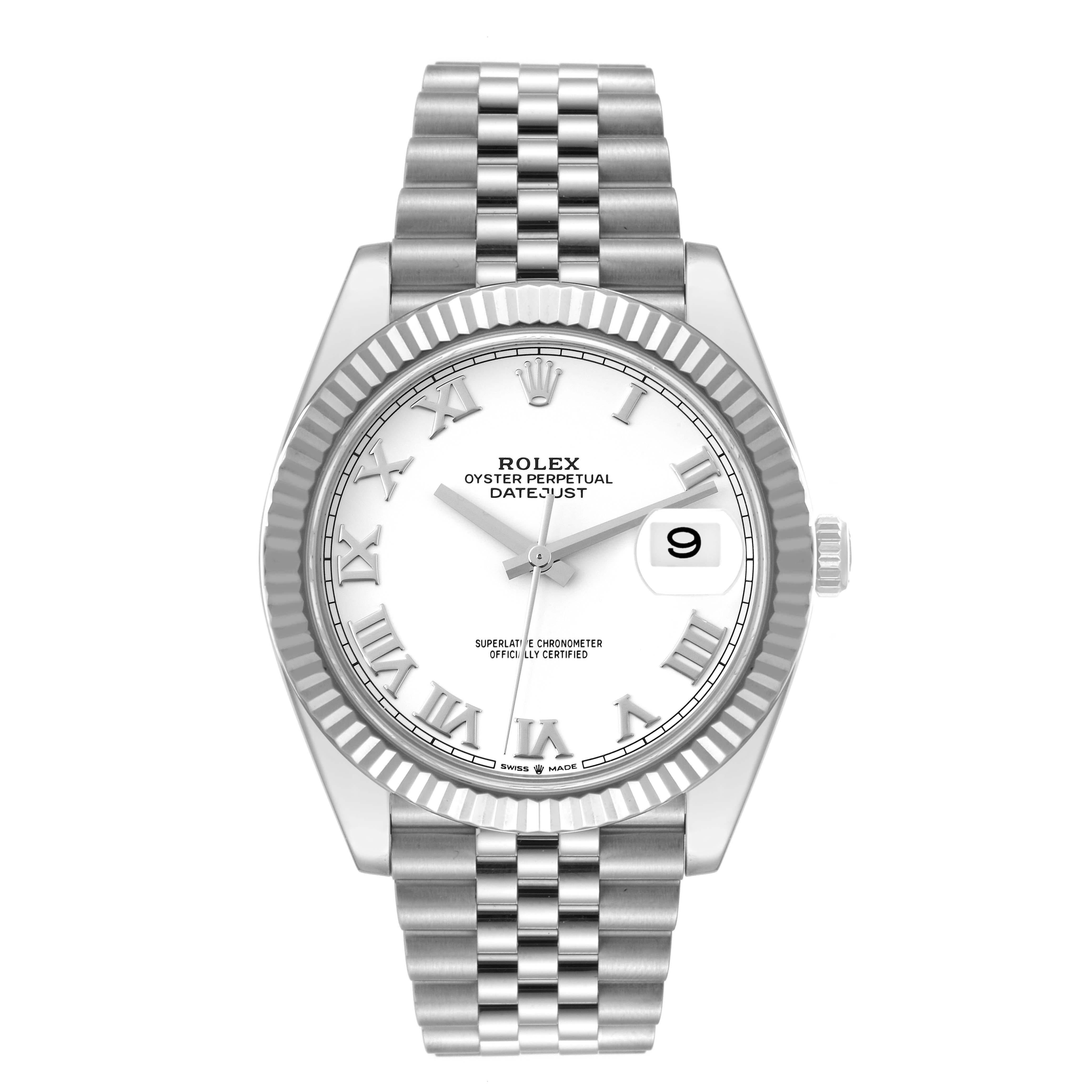 Rolex Datejust 41 White Dial Steel Mens Watch 126334 Box Card. Officially certified chronometer automatic self-winding movement. Stainless steel case 41 mm in diameter. Rolex logo on the crown. 18K white gold fluted bezel. Scratch resistant sapphire