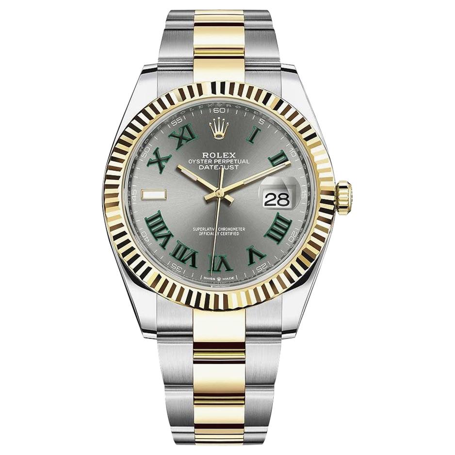 Rolex Datejust 41 Wimbledon Gold Steel Slate Dial Green Markers Men Watch 126333