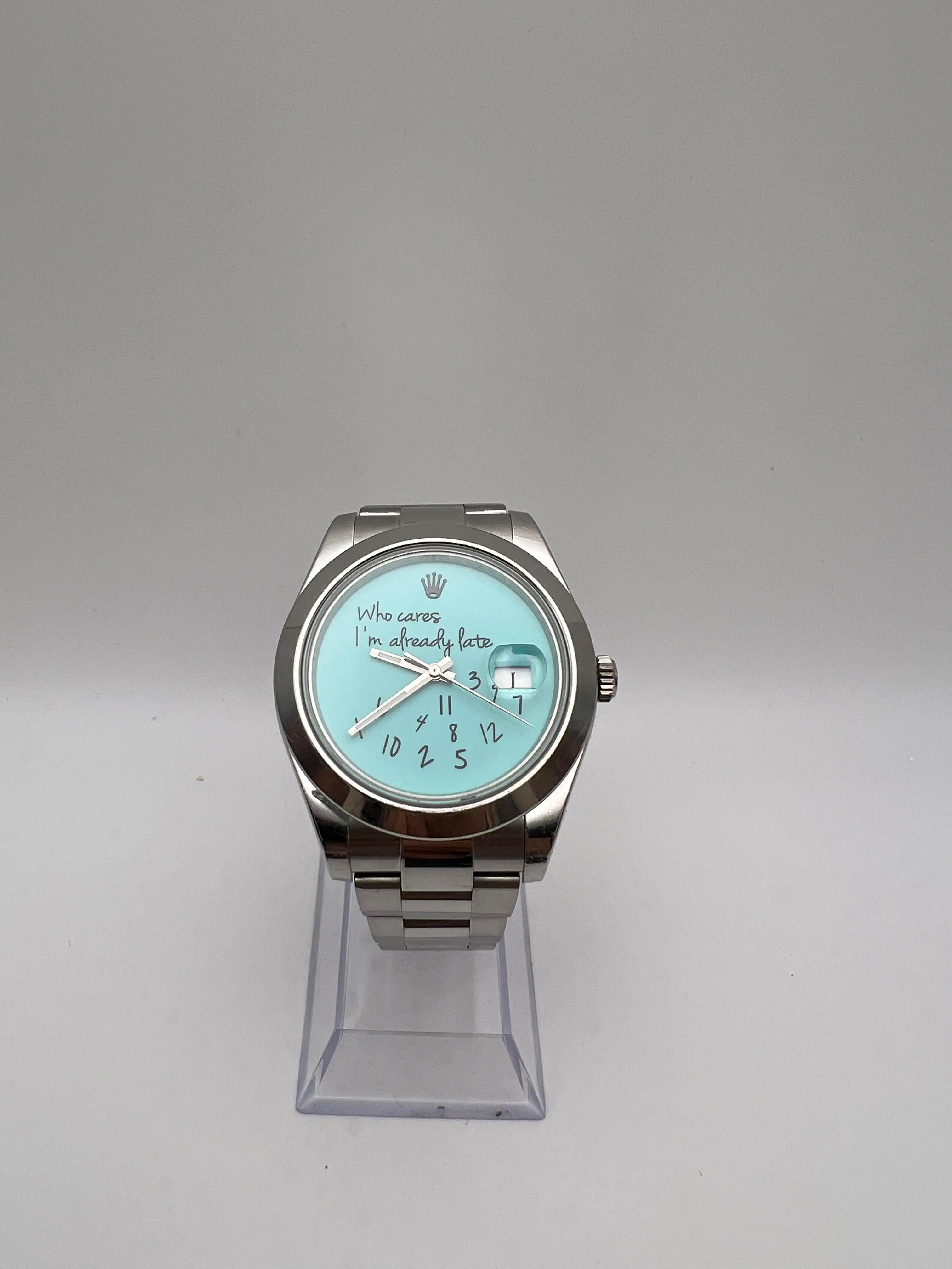 Rolex Datejust 41mm 116300 Custom Turquesa A quién le importa ya llego tarde Esfera en Excelente estado para la venta en New York, NY
