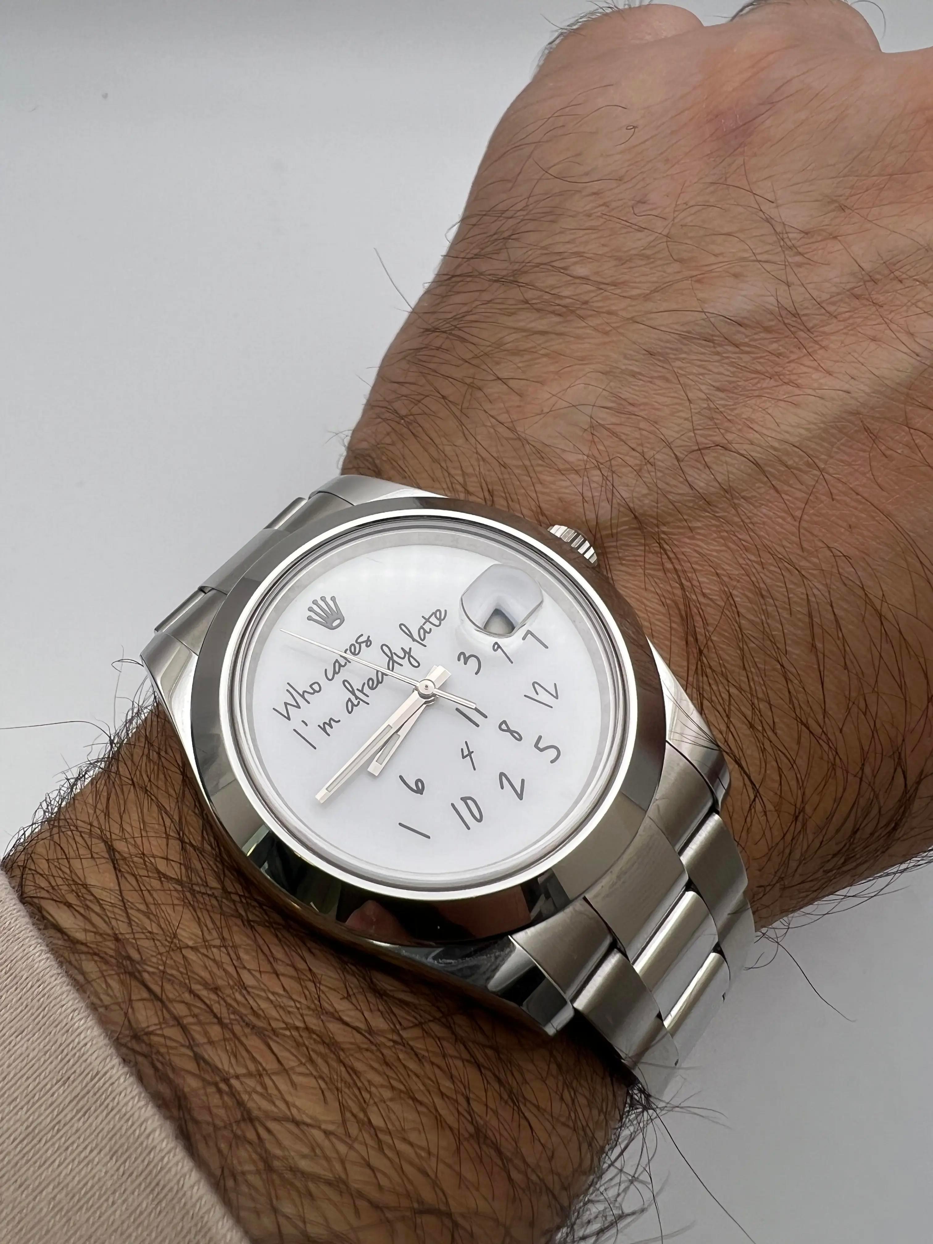 Rolex Datejust 41mm 116300 Custom Who Cares I'm Already Late White Dial Papers im Zustand „Hervorragend“ im Angebot in New York, NY