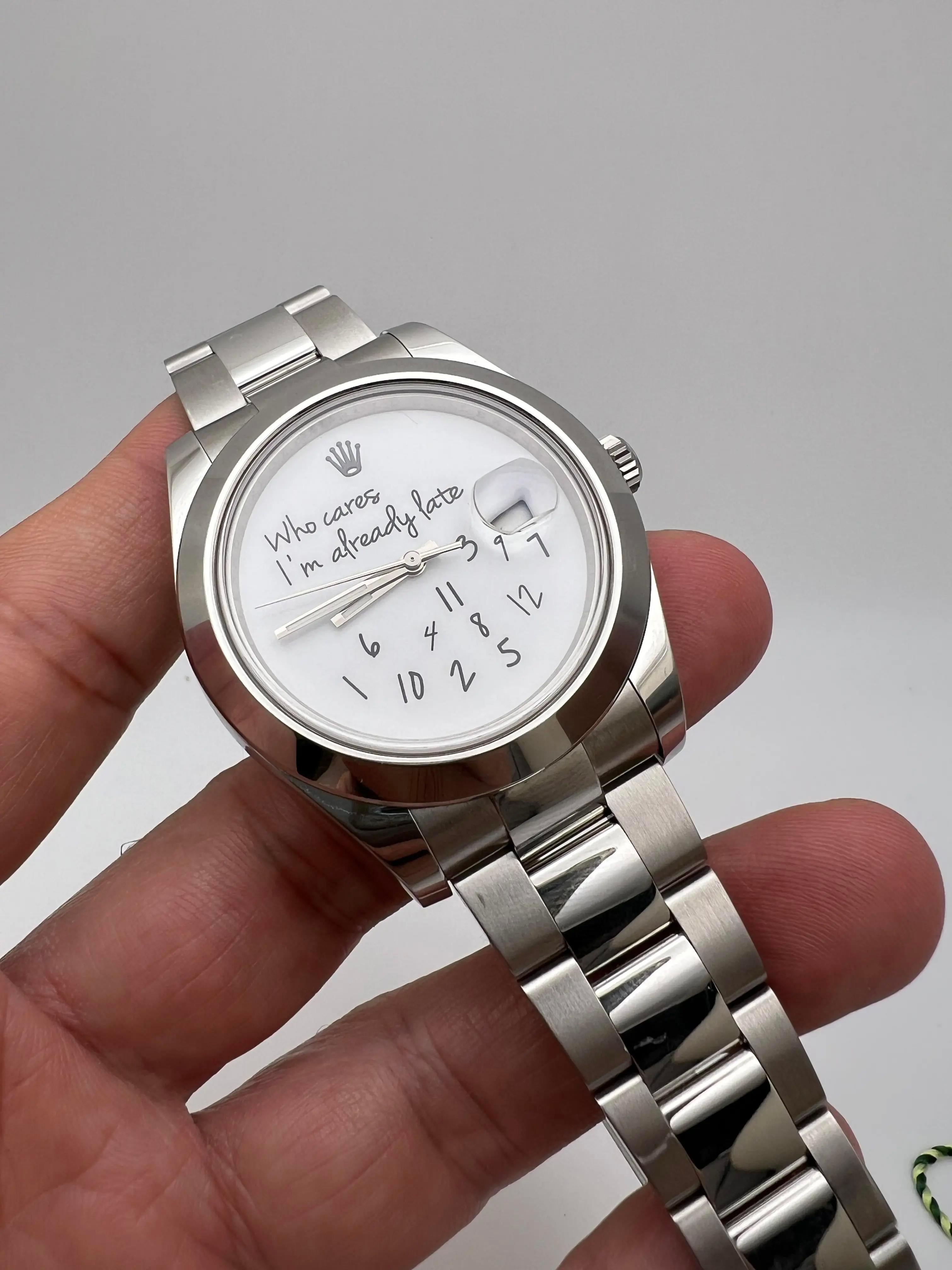 Rolex Datejust 41mm 116300 Custom Who Cares I'm Already Late White Dial Papers für Damen oder Herren im Angebot