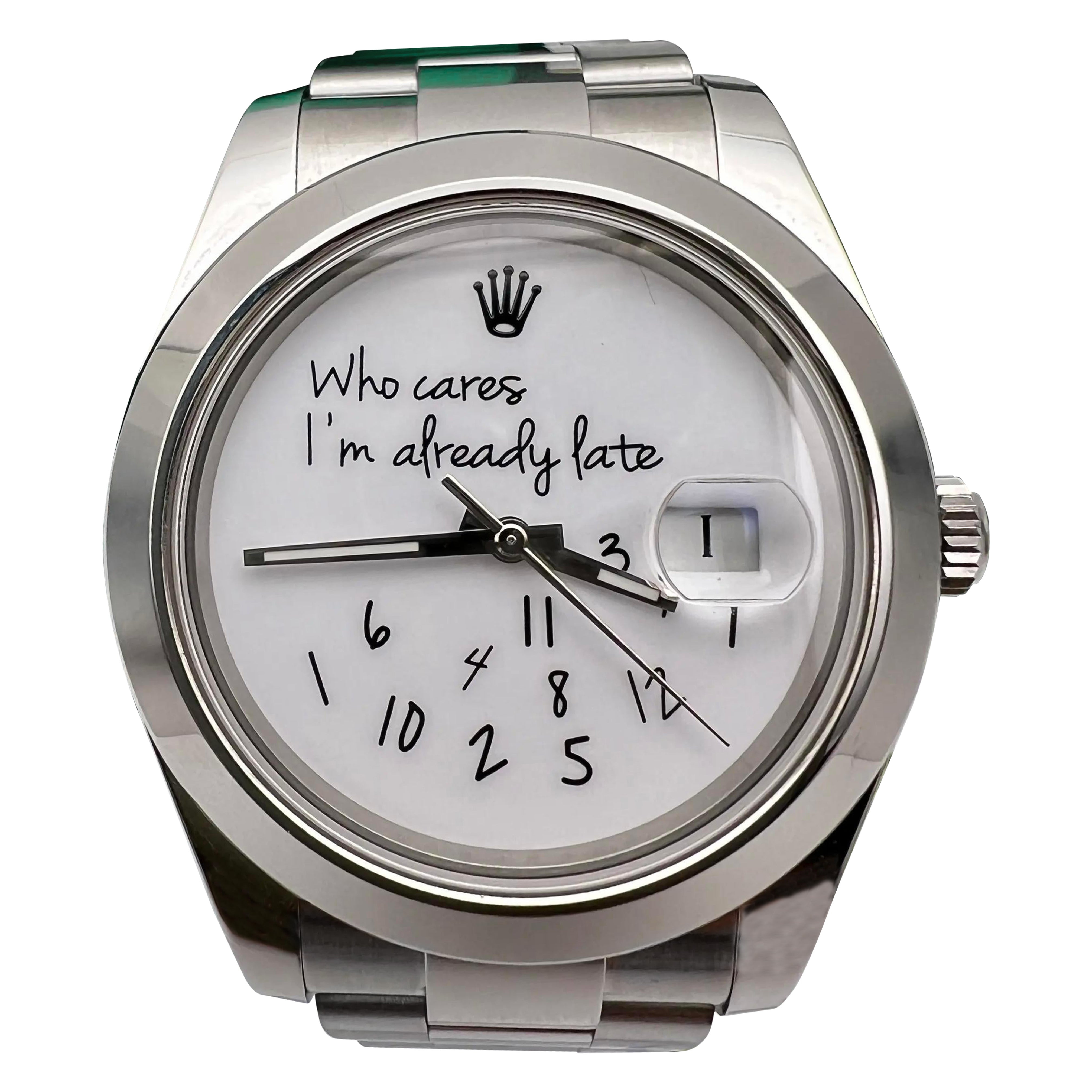 Rolex Datejust 41mm 116300 Custom Who Cares I'm Already Late White Dial Papers im Angebot