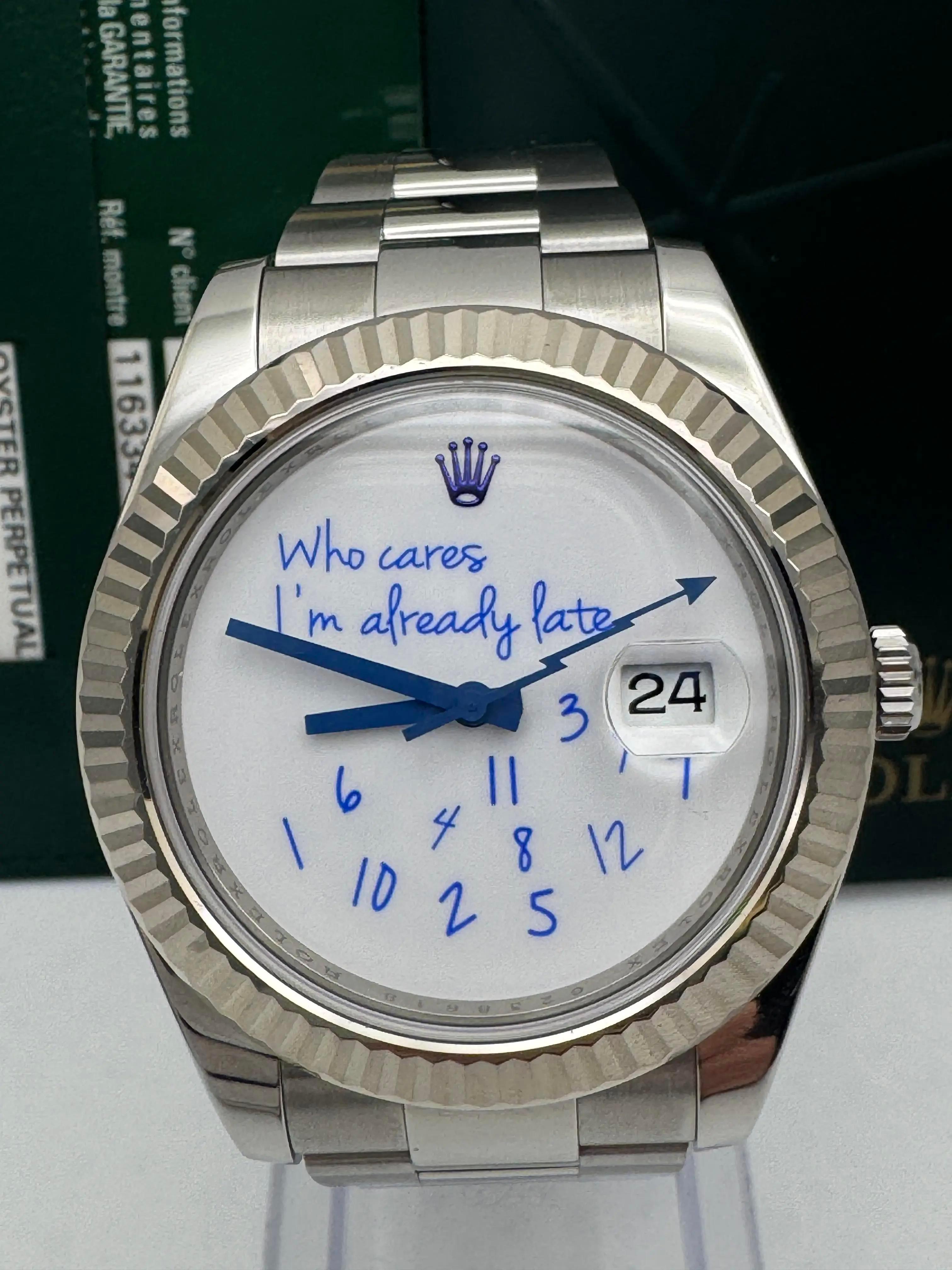 Rolex Datejust 41mm 116334 Custom Who Cares I'm Already Late Blue Dial Papers in vendita 3